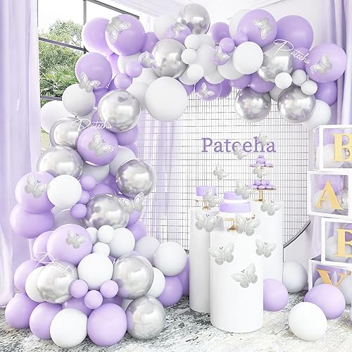Pateeha Kit de arco de globos morados, 140 piezas de guirnalda de arco de globos blanco lavanda y plata, calcomanías de mariposa, 12 piezas para