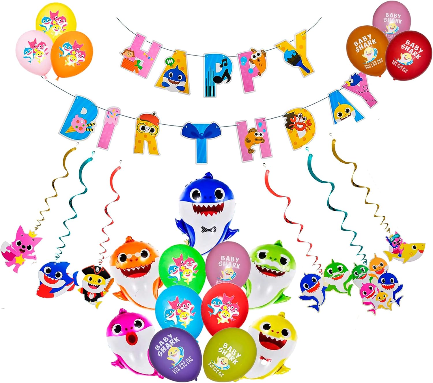 "24PCS"  1 pancarta de cumpleaños de tiburón  5 piezas de papel de aluminio de tiburón y 12 globos de látex  6 espirales colgantes de tiburón