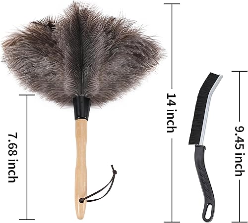 Miniatura 3 de Soarer Plumero de avestruz  14 pulgadas, mango esponjoso, reutilizable, 2 cepillos de limpieza para suministros de limpieza, ventilador de techo,