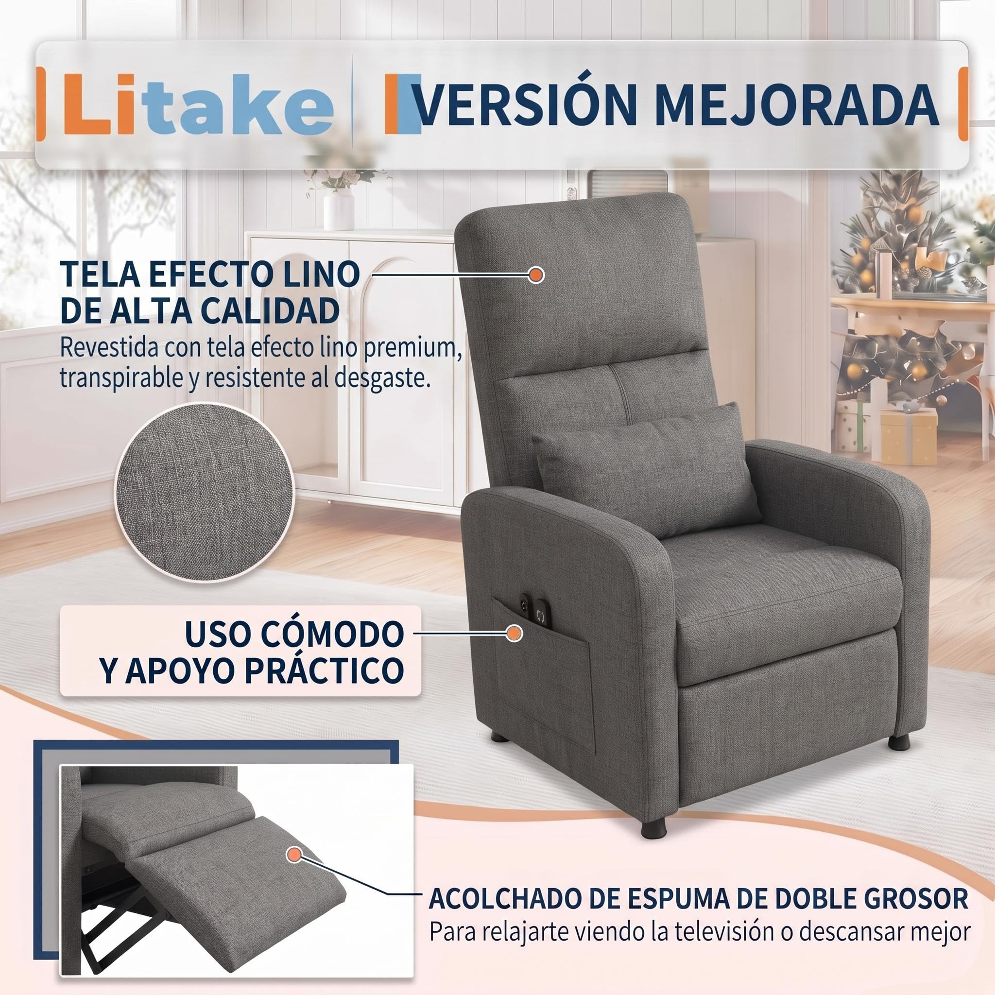 Litake Sillón Eléctrico Reclinable con Masaje y Calefacción, Sillón Relax con 4 Puntos de Masaje y Calor, Tapizado de Lino, Estructura de Hierro, para Sala de Estar, Puerto USB, Marrón