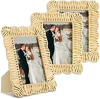 CroBlissful 3 Pack Boho Rattan 4x6 Photo Frames - Handmade Scalloped Wicker Wall Tabletop Decor Farmhouse Coastal Style