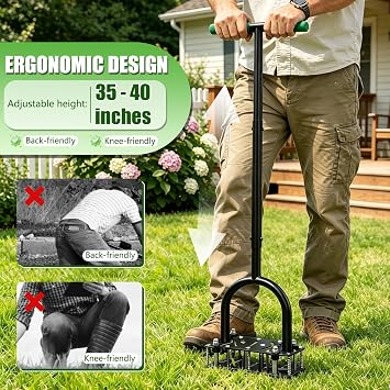 Adjustable Lawn Aerator Tool with Rebound Spring 16 Sharp Metal Spikes Soil Aerator with Ergonomic T-Handle & Wide Foot Plate, Heavy Duty Yard Lawn Aerator for Garden Lawn Care