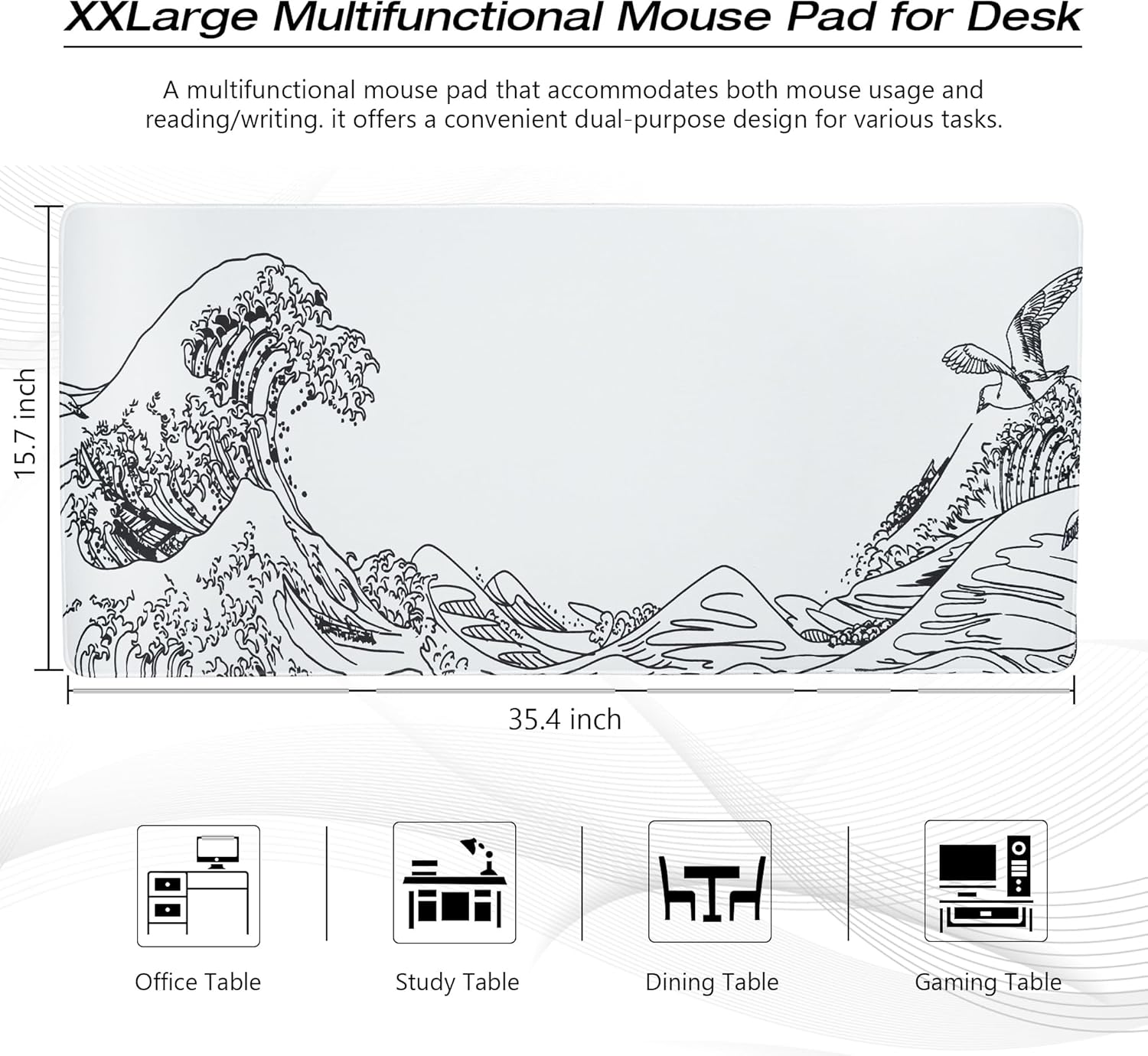 large gaming mouse pad for desk,kanagawa xxl mouse pad 35.4x15.7 inch,waterproof desk pad,non-slip rubber base mice pad,keyboard pad computer mat,white mouse pad kanagawa(white)