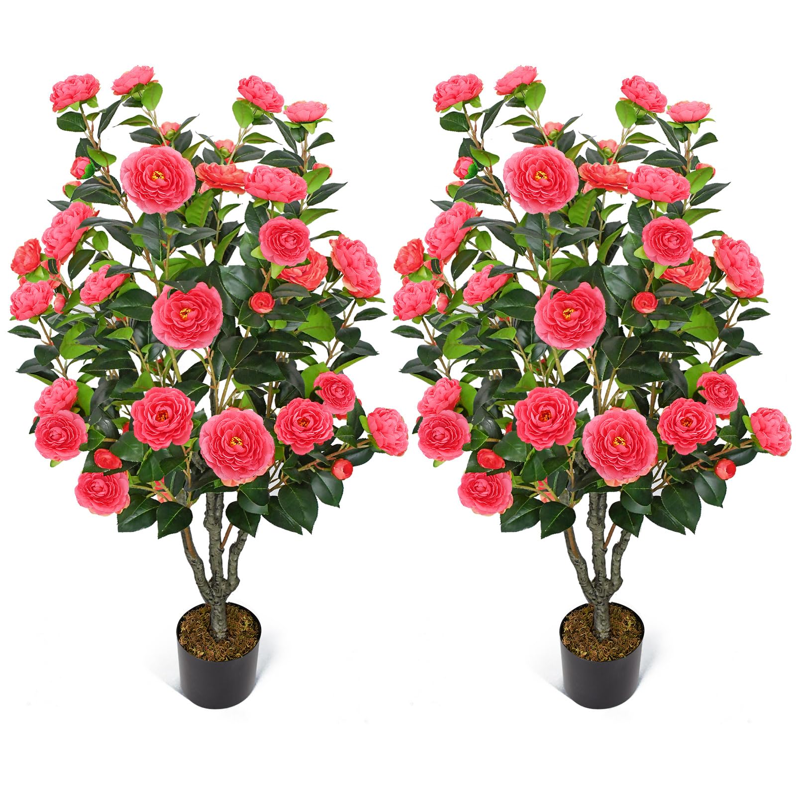 Photo 1 of 2 Pack 42" Fake Tree Rose Pink Artificial Camellia Tree with 36 Blooming Flowers Faux Floral Plant Tall Plastic Potted for Indoor Outdoor Office Shop Home Room Porch Front Door