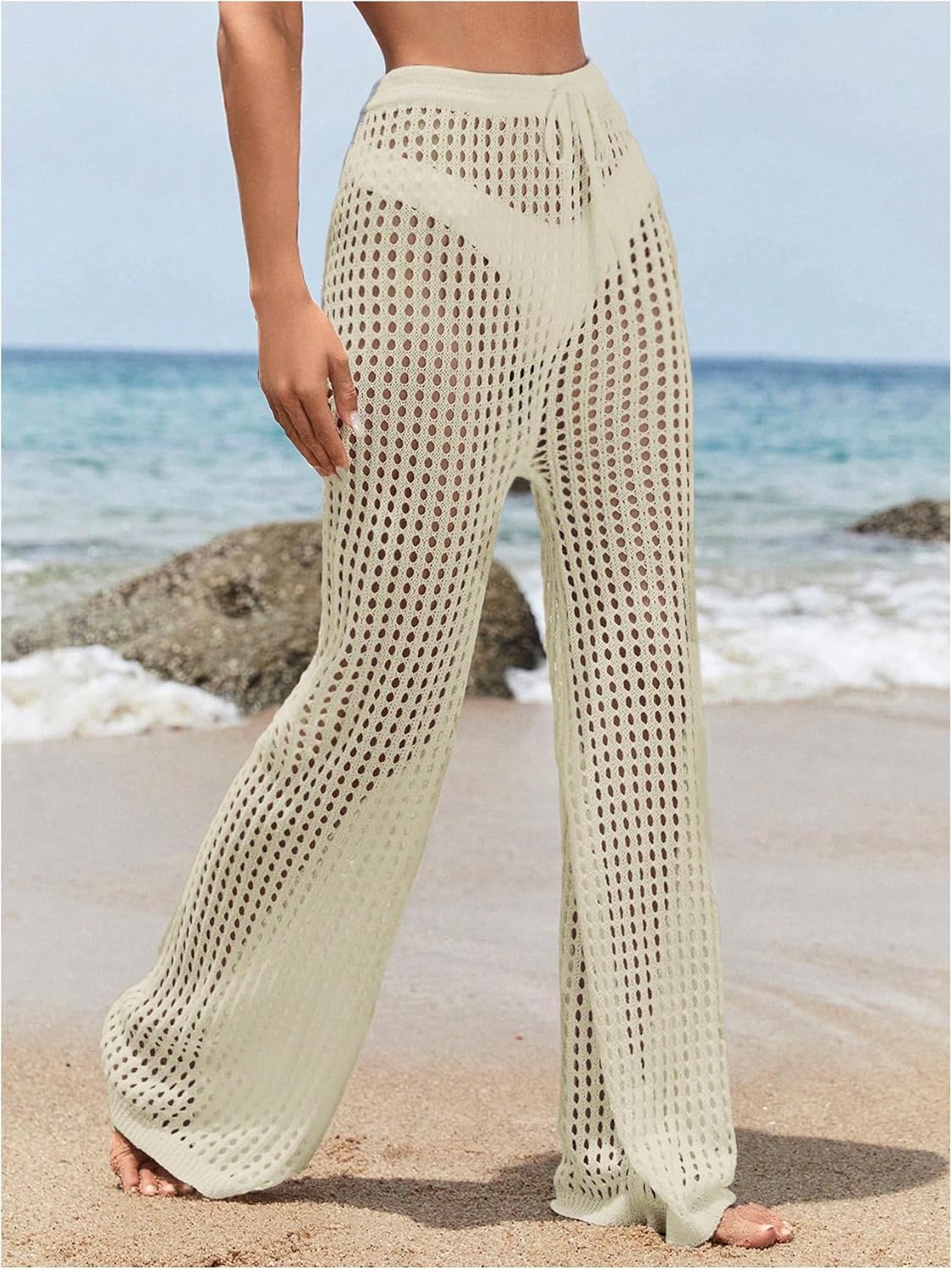 COZYEASE Women's Beach Cover Up Pants Hollow Out Drawstring Elastic High Waist Bathing Suit Cover Up Beach Pants - Image 3