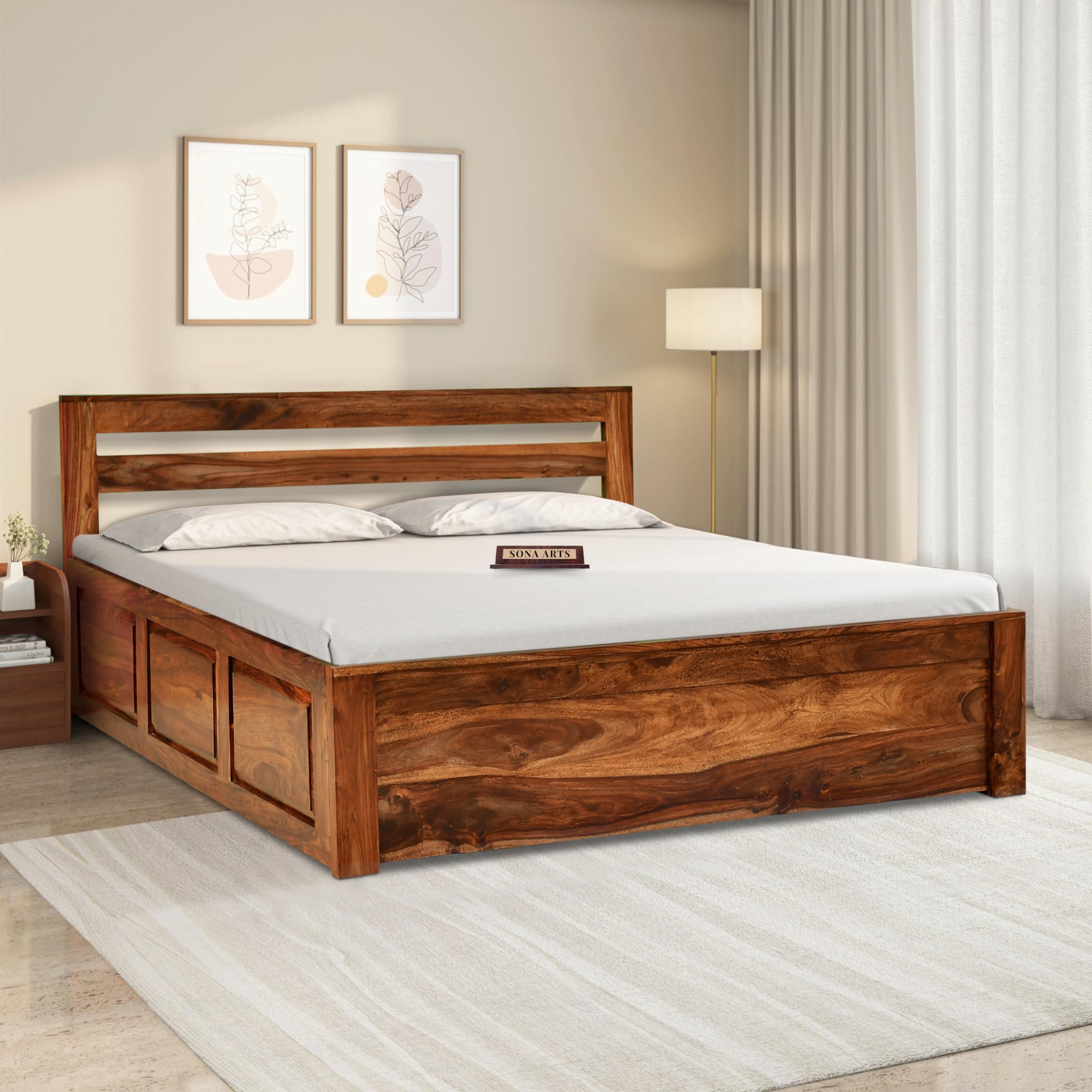 SONA ART & CRAFTS Eros Sheesham Wood King Size Bed with Storage Box | Solid Wooden King Size Cot | Double Bed with Box for Home - Honey Finish (Assembly Included)