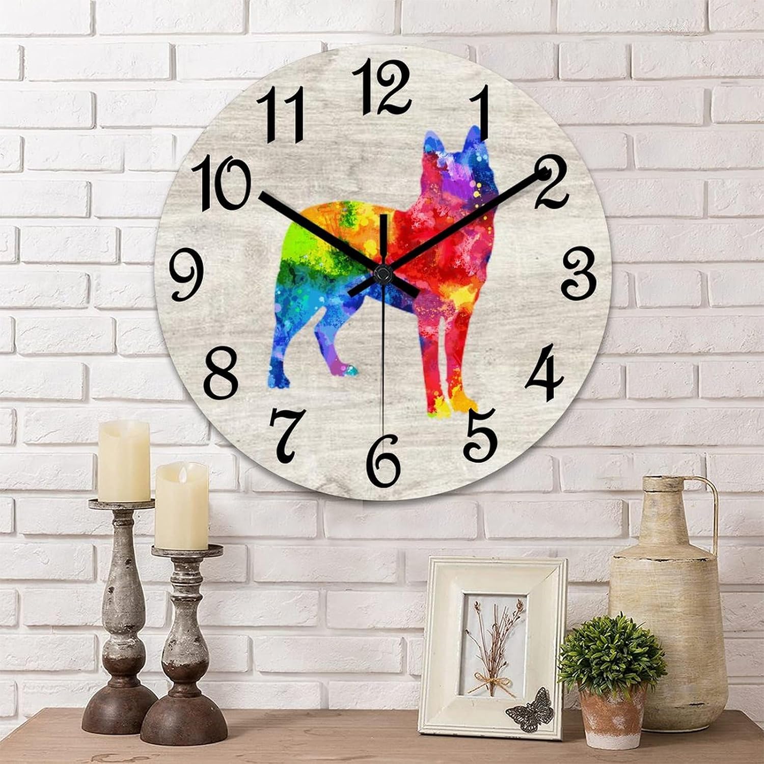 Husky Wall Clock Doggy Dog Owner Wooden Wall Clocks Battery Operated 12 Inch Non-Ticking Retro Cabin Wall Decor for Kitchen Bedroom Living Room Office