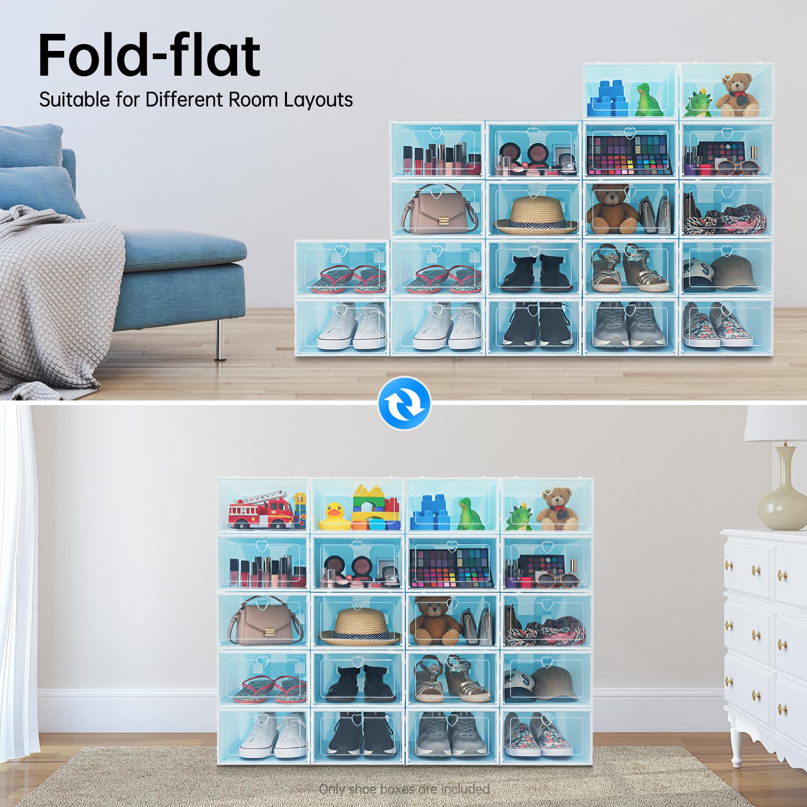 20 scatole per scarpe Flip-Top, trasparenti, impilabili con manico a cuore, 23 x 33 x 14 cm, salvaspazio e antipolvere, per scarpiere, camera da letto, guardaroba, ripostigli, blu