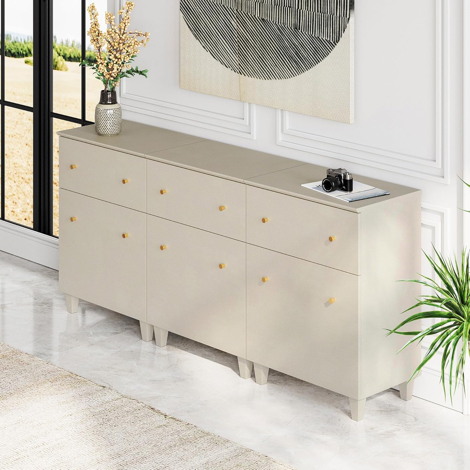 WAMPAT Set of 3 Storage Cabinets, 70.8" Kitchen Sideboards with Drawers and Doors, Modern Beige Coffee Bar Cabinets with Adjustable Shelves and Solid Legs for Living Room, Entryway, Hallway