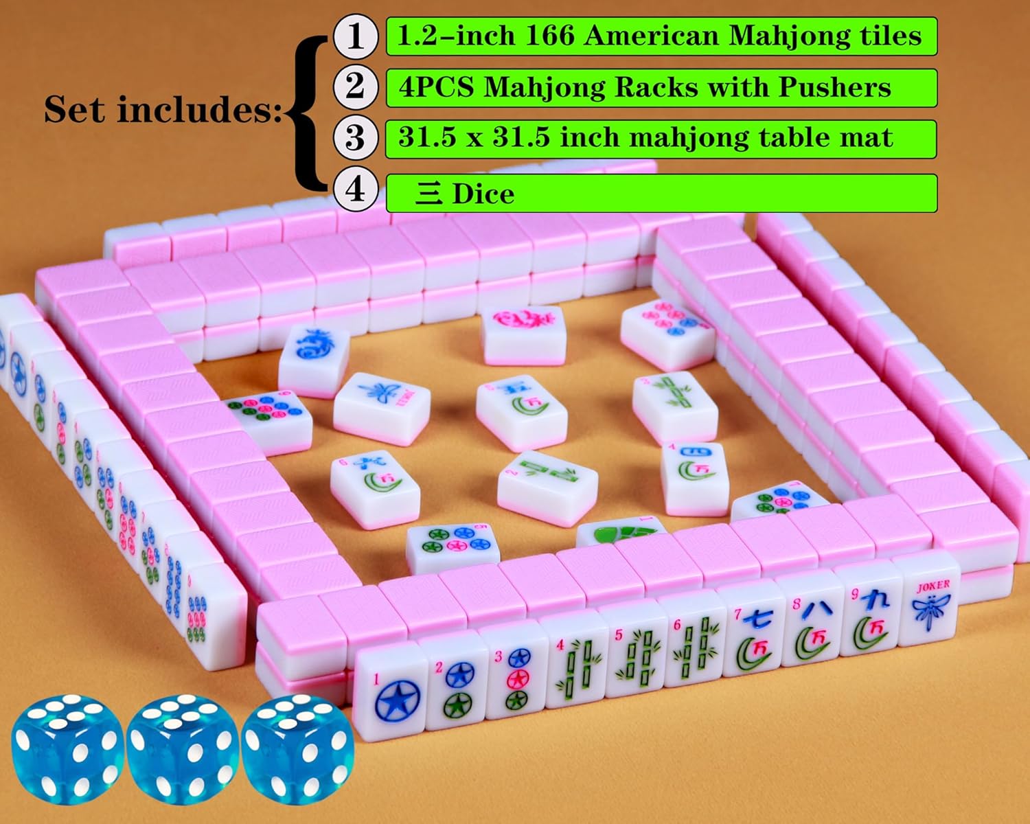 Pink American Mahjong Set 1.2-inch Mahjong Tile Set 166 Pieces American Mahjong Tile Set with Mahjong Table Mat and Mahjong Racks with Pushers