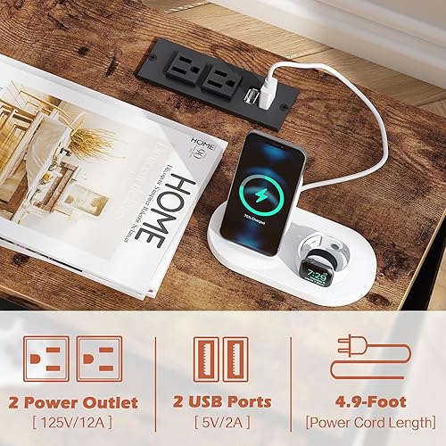 Miniatura 4 de SUPERJARE - Juego de 2 mesitas de noche con base de carga, cajón de tela ajustable, mesita de noche para dormitorio, mesas auxiliares de 3 niveles,