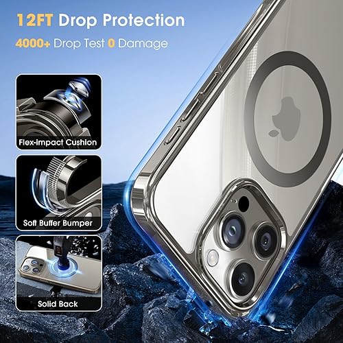 Miniatura 4 de Alphex Funda de titanio pulido para MagSafe Phone 15 Pro, protección contra caídas de grado militar de 12 pies a prueba de golpes, funda magnética