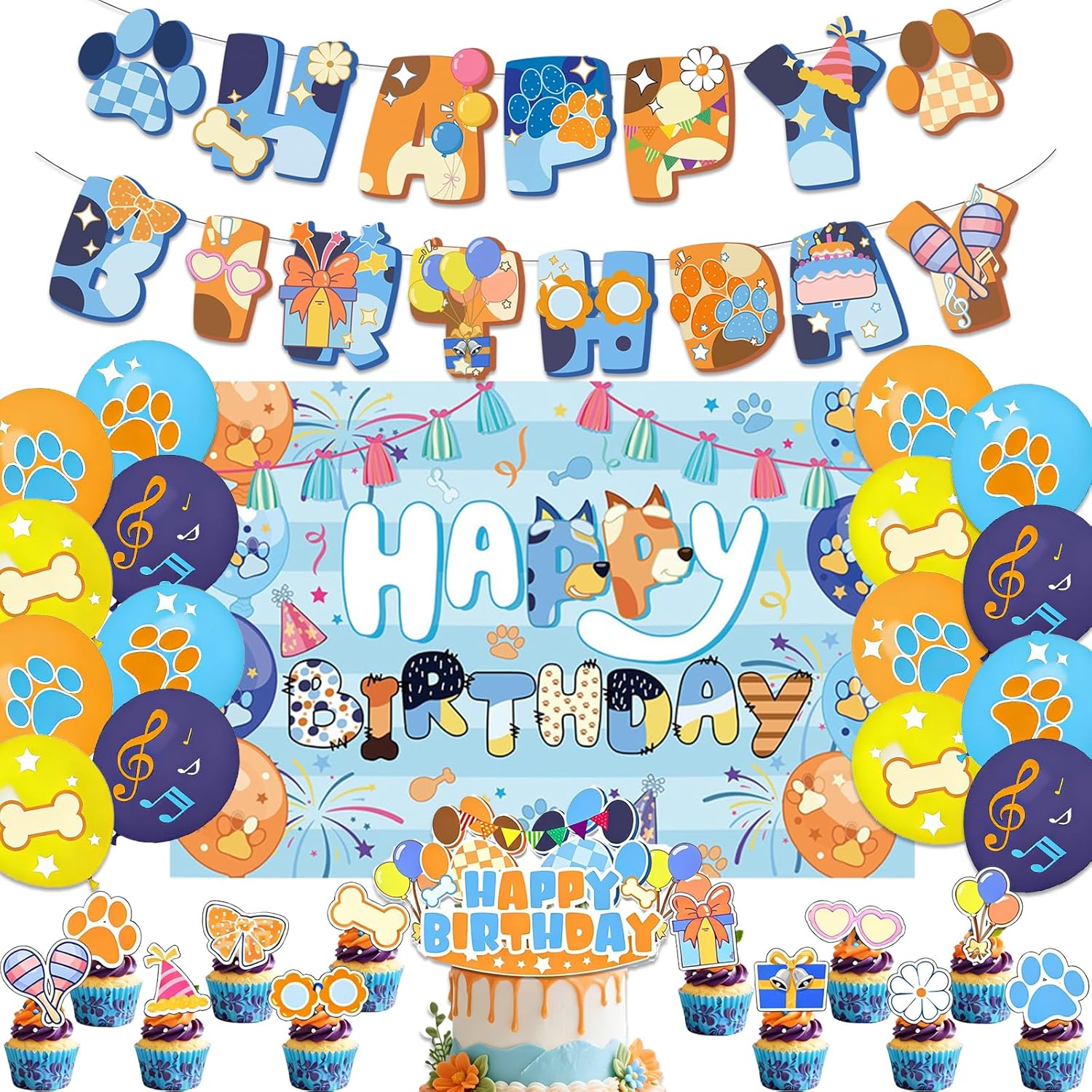 Blue Dogs Happy Birthday Party Decorations Set, Banner, Balloons, Cake Toppers, Kids Party Favors, Complete Party Kit for Boys and Girls, Colorful Celebration Accessories (blue)