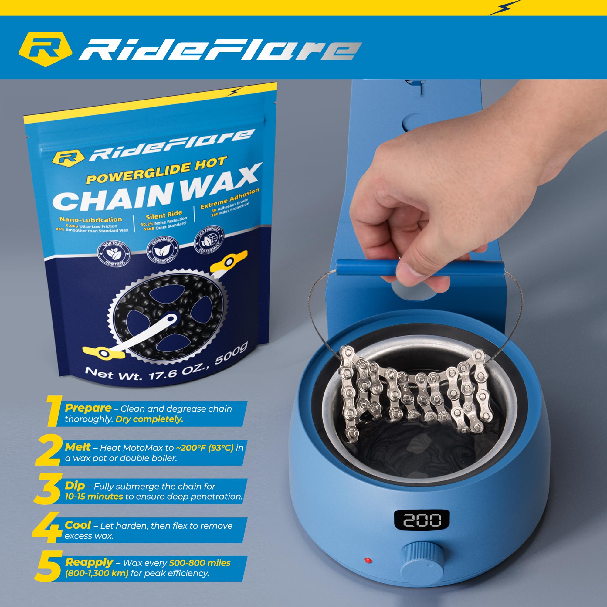 Cera para Cadena RideFlare Premium 500g – Lubricante de Cadena para Bicicleta de Fusión en Caliente con Fórmula de Fricción Ultra Baja – Cera para Bicicleta Ecológica y Duradera para una Protección Su