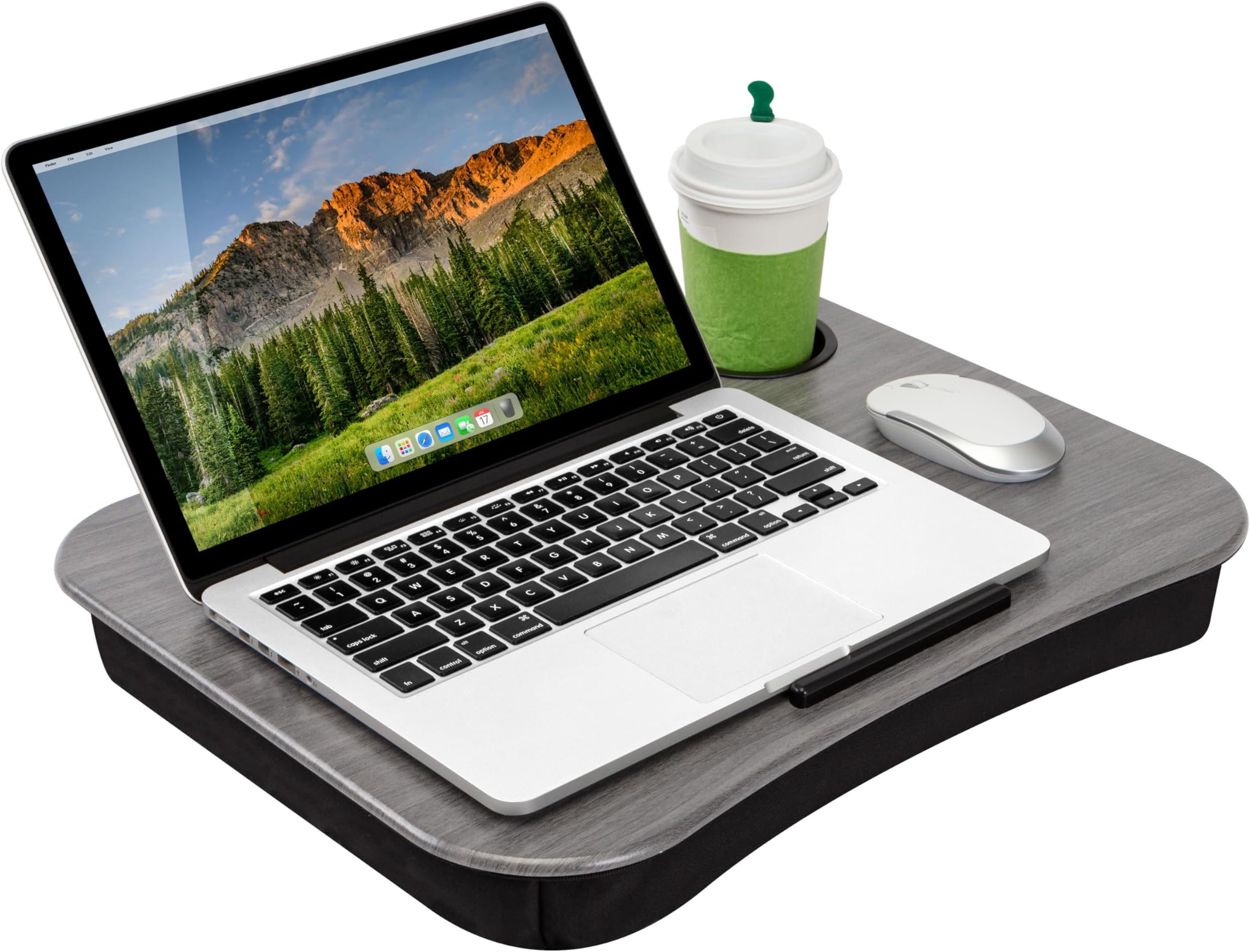 LAPGEAR Cup Holder Lap Desk with Device Ledge - Gray Woodgrain - Fits up to 14 Inch Laptops - Style No. 46325