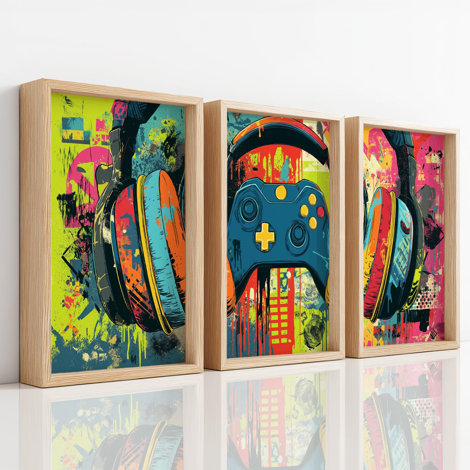 Générique 3 Pièces Street Art Graffiti Tableau Decoration Murale, Impression sur Toile Jeu Manette Casque pour Maison Déco, Toile Peinture Affiche Chambre Bureau 50 x 70 cm