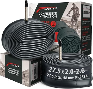 Fincci 27.5 x 2.0/2.1/2.2/2.3/2.35/2.4/2.5/2.6 Inch Bike Inner Tube 48mm Presta Valve Butyl Rubber Fits Mountain & Hybrid Bikes Pack of 2