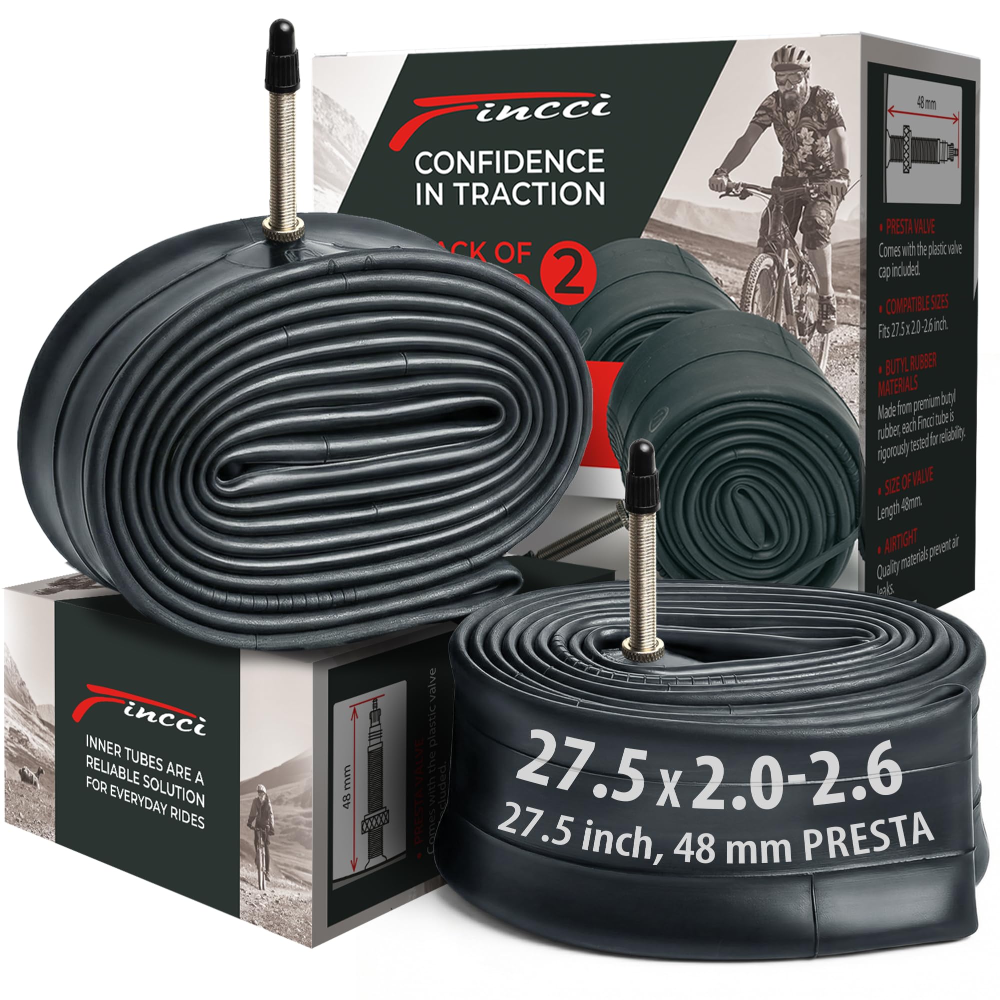 Fincci Camera d'aria per bicicletta, 27,5 x 2,1/2,2/2,3/2,35/2,4/2,5/2,6", valvola Presta da 48 mm, gomma butilica, adatta per mountain bike e bici ibride, confezione da 2
