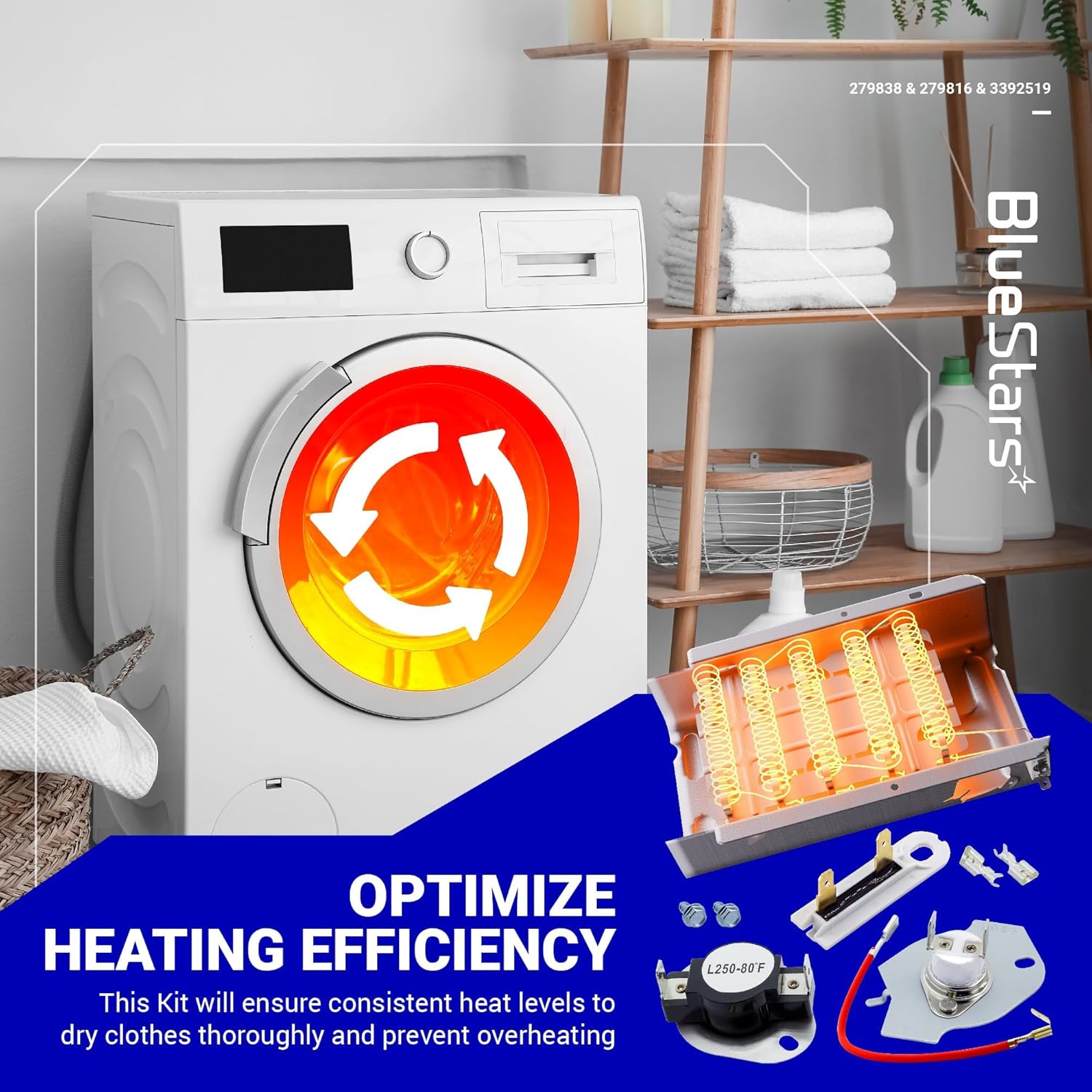 BlueStars 279838 W10724237 Dryer Heating Element Kit - For Whirlpool Kenmore Roper Maytag Amana NED4655EW1 WED4815EW1 MEDC215EW1 RED4640YQ0 RED4440VQ1 REX4634KQ1 RED4440SQ0 Dryers 3398064 3403585