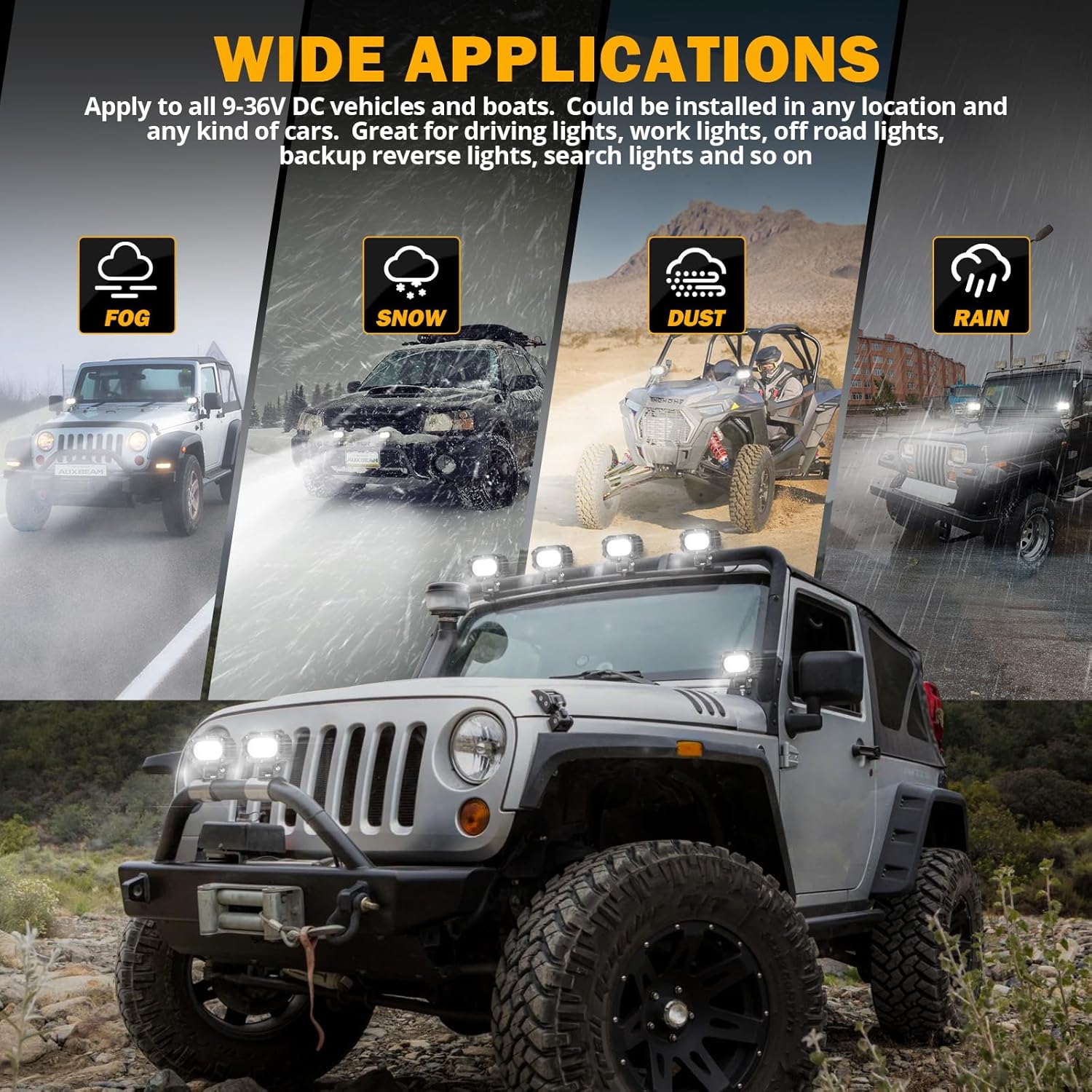 Auxbeam 4 Inch LED Square Pod Light, 60W White Spot Beam Driving Fog Light with DT Wiring Harness for Jeep Wrangler Truck Pickup SUV ATV UTV