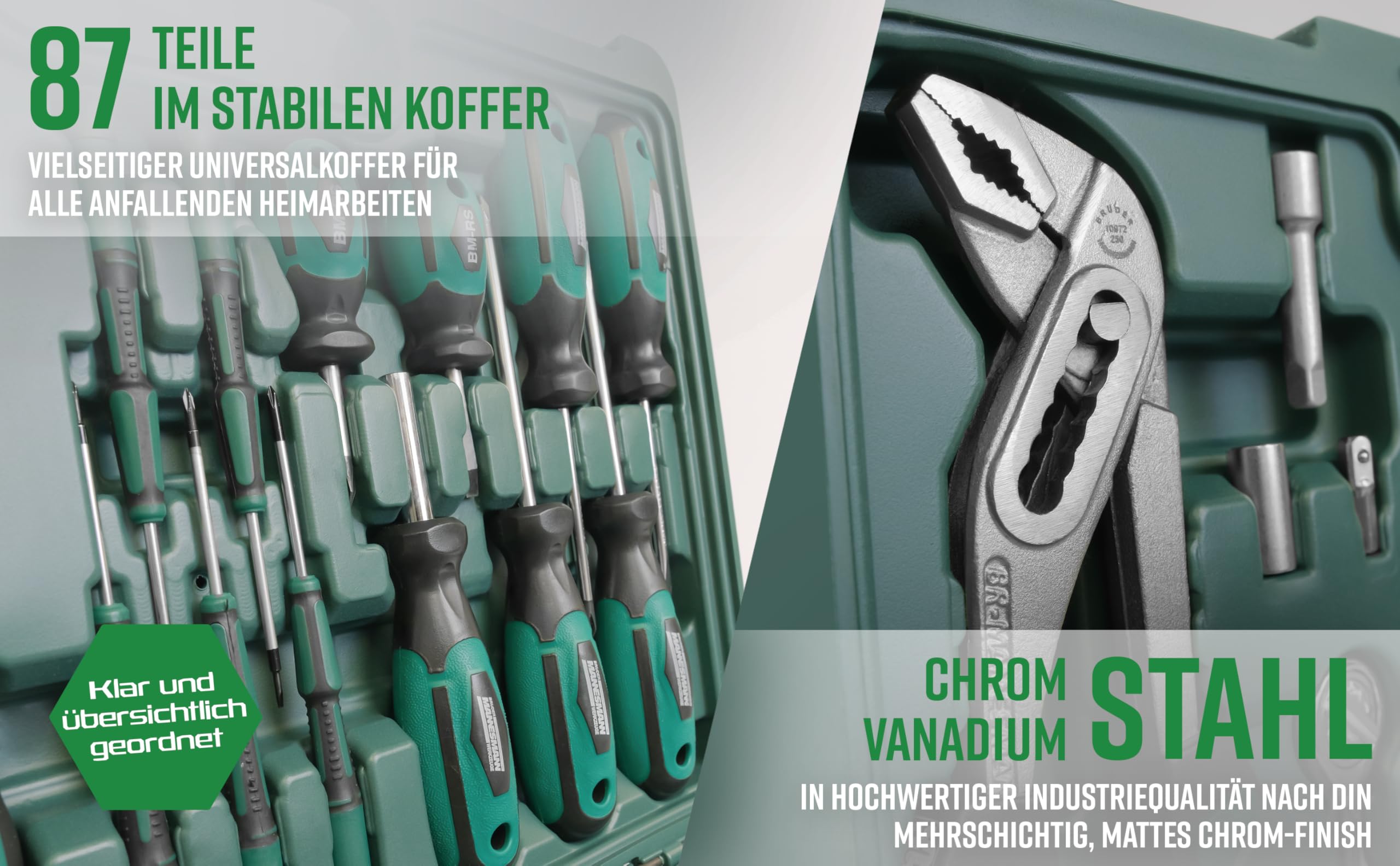 Brüder Mannesmann Werkzeugkoffer, 87-teilig - Werkzeugset mit Werkzeug aus Chrom-Vanadium-Stahl - inkl. Schraubendreher, Zangen, Hammer, Wasserwaage, Stecknüsse & Bits | M29084 - 4