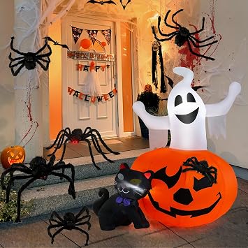 HOPOCO 5 FT Halloween Inflatable Decorations Spooky Ghost Pumpkin and Plush Spiders Set Scary Fake Spider for Indoor Outdoor Halloween Decor for Home Party Yard Haunted House Decorations