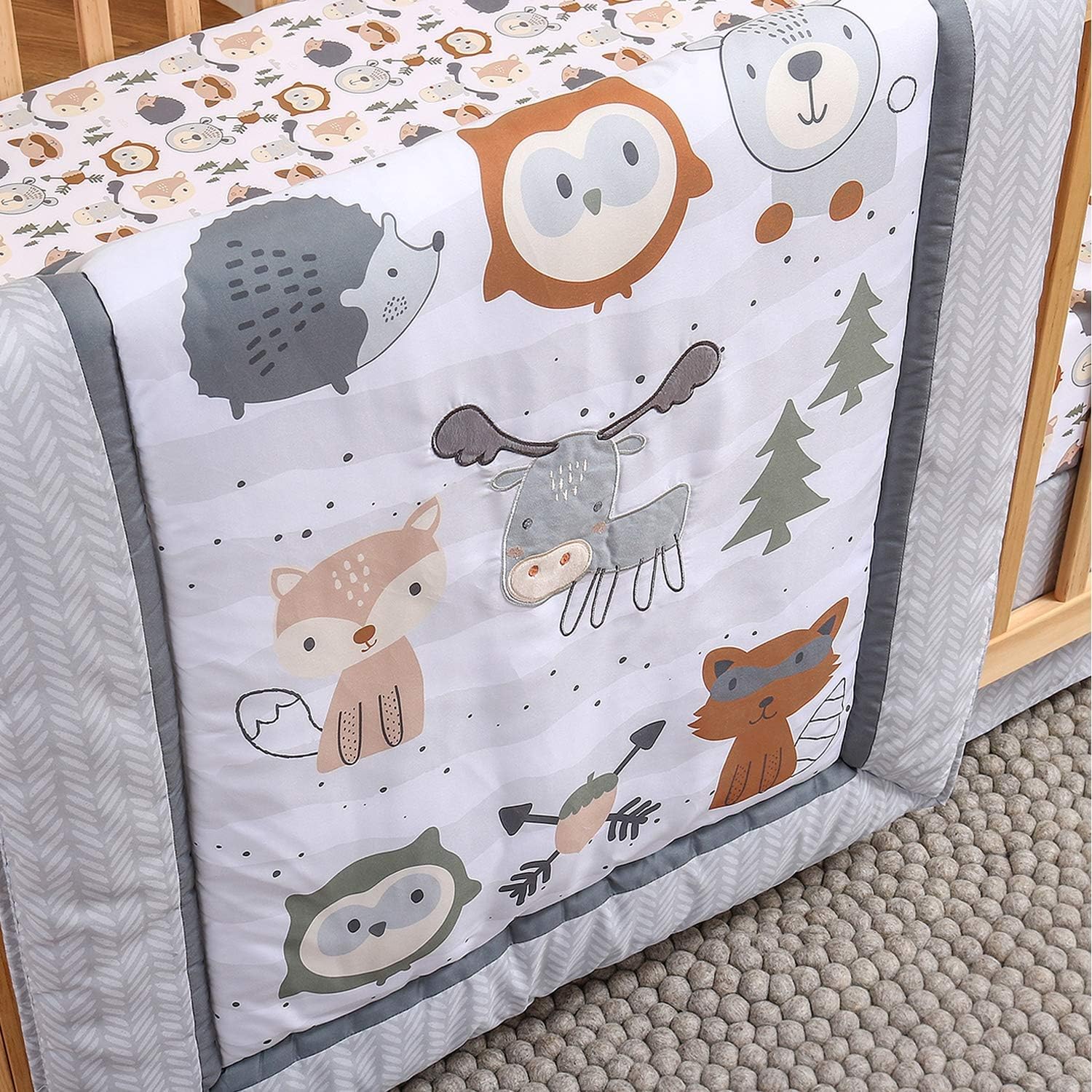 The Peanutshell Woodland Walk Crib Bedding Set for Boys or Girls | 3 Piece Nursery Set | Crib Quilt, Fitted Sheet, Crib Skirt : Baby