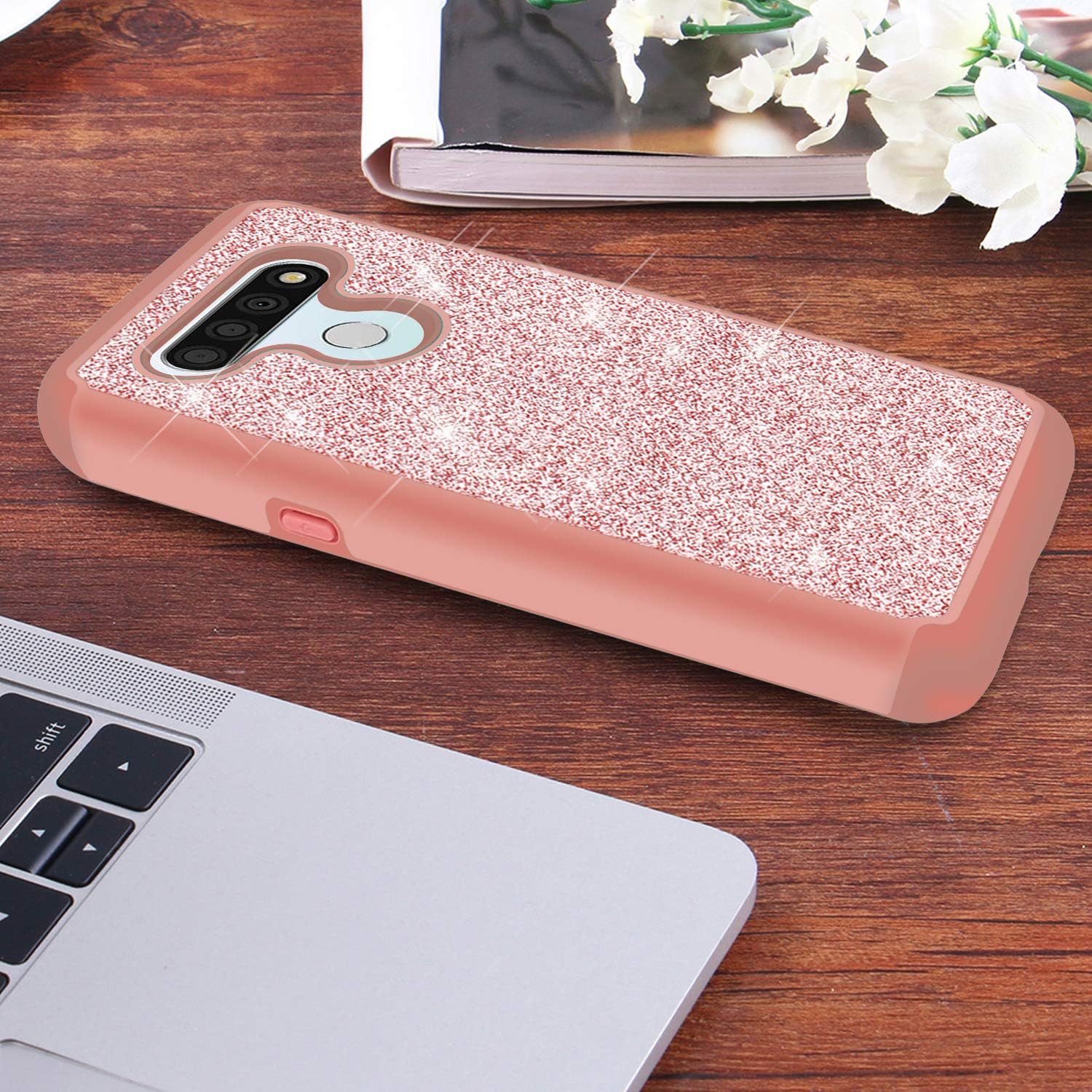 TJS Phone Case Compatible with LG Stylo 6, with [Tempered Glass Screen Protector] Glitter Bling Cute Girls Women Design Dual Layer Heavy Duty Hybrid Cover (Rose Gold)