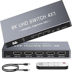 Comutator HDMI 4 în 1 Rytaki din aluminiu, 8K 60 Hz, 4K 240 Hz, HDMI 2.1, HDR, HDCP 2.3, CEC, telecomandă, pentru TV, PS5, PS4, Xbox, Nintendo Switch, PC