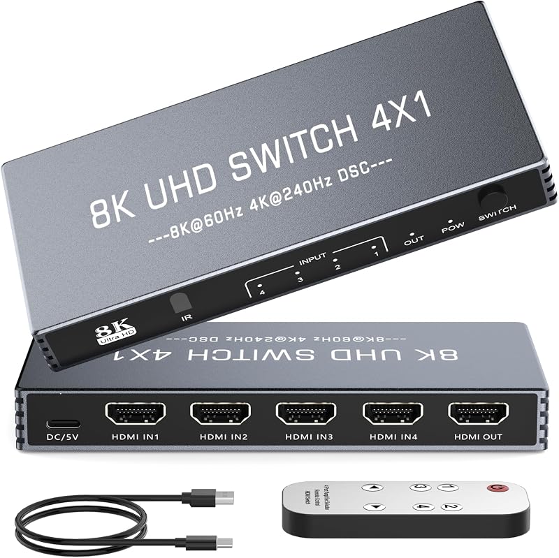 Comutator HDMI 4 în 1 Rytaki din aluminiu, 8K 60 Hz, 4K 240 Hz, HDMI 2.1, HDR, HDCP 2.3, CEC, telecomandă, pentru TV, PS5, PS4, Xbox, Nintendo Switch, PC