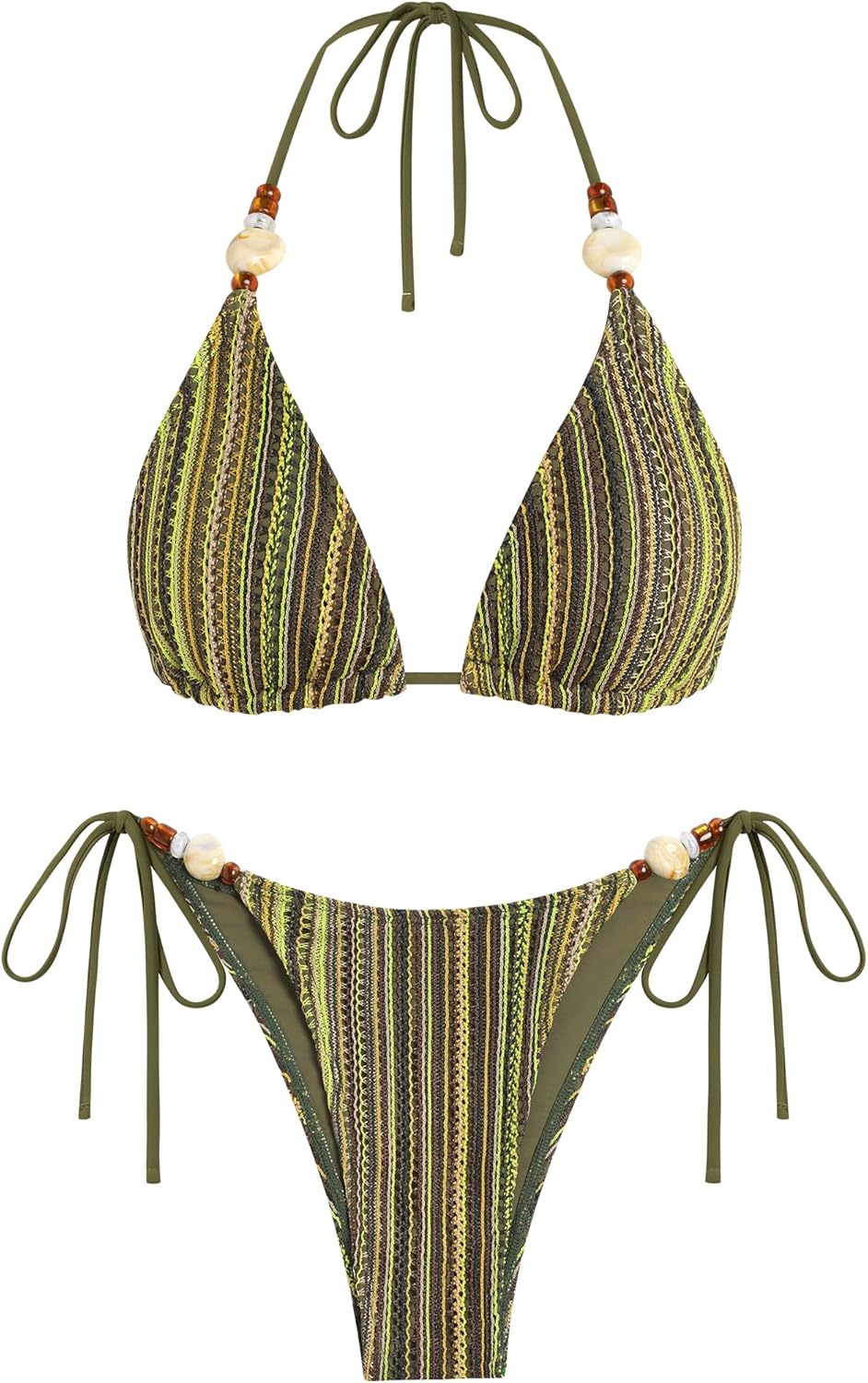 ZAFUL Women's Bikini Sets Beads Triangle Swimsuits 2 Piece String High Cut Cheeky Bathing Suits