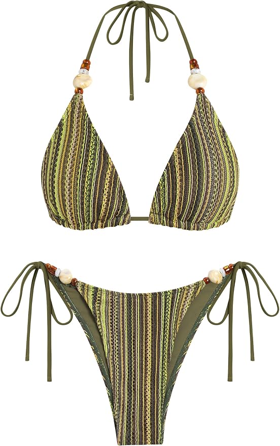 ZAFUL Women's Bikini Sets Beads Triangle Swimsuits 2 Piece String High Cut Cheeky Bathing Suits