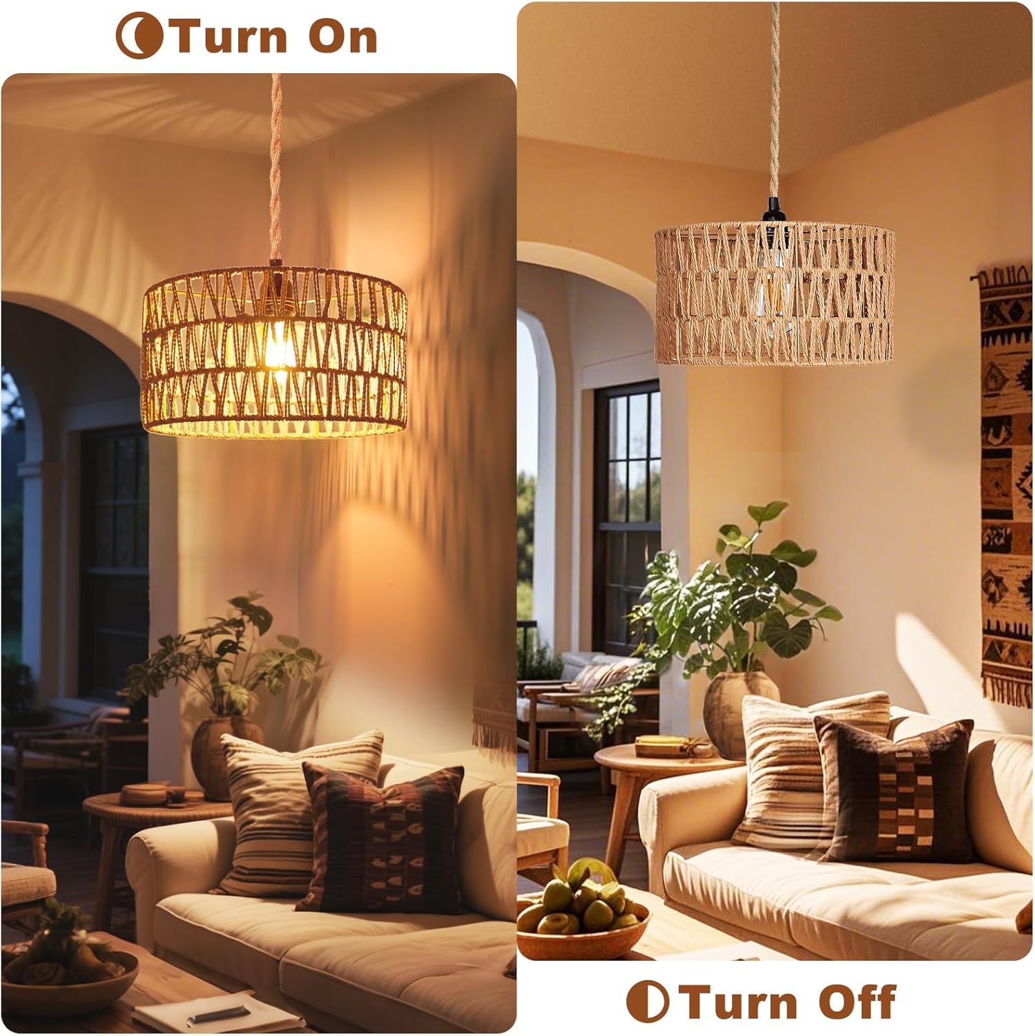 Maliralt Hanging Lamps Rattan Pendant Light Hanging Lights 16.4ft Plug in Cord Pendant Light Fixture Plug Into Wall Outlet Pendant Lighting with On Off Switch for Bedroom Living (Cylindrical Shade)