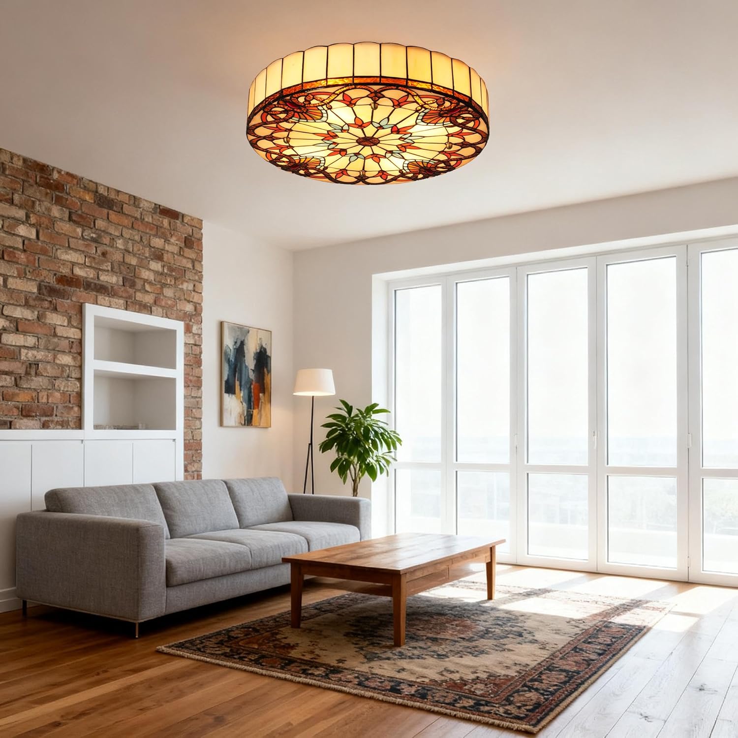 20-Inch Vintage Stained Glass Flush Mount Ceiling Light, 4-Light Recessed Stained Glass Pendant Lighting Fixture for Bedroom Dining Room Living Room Foyer