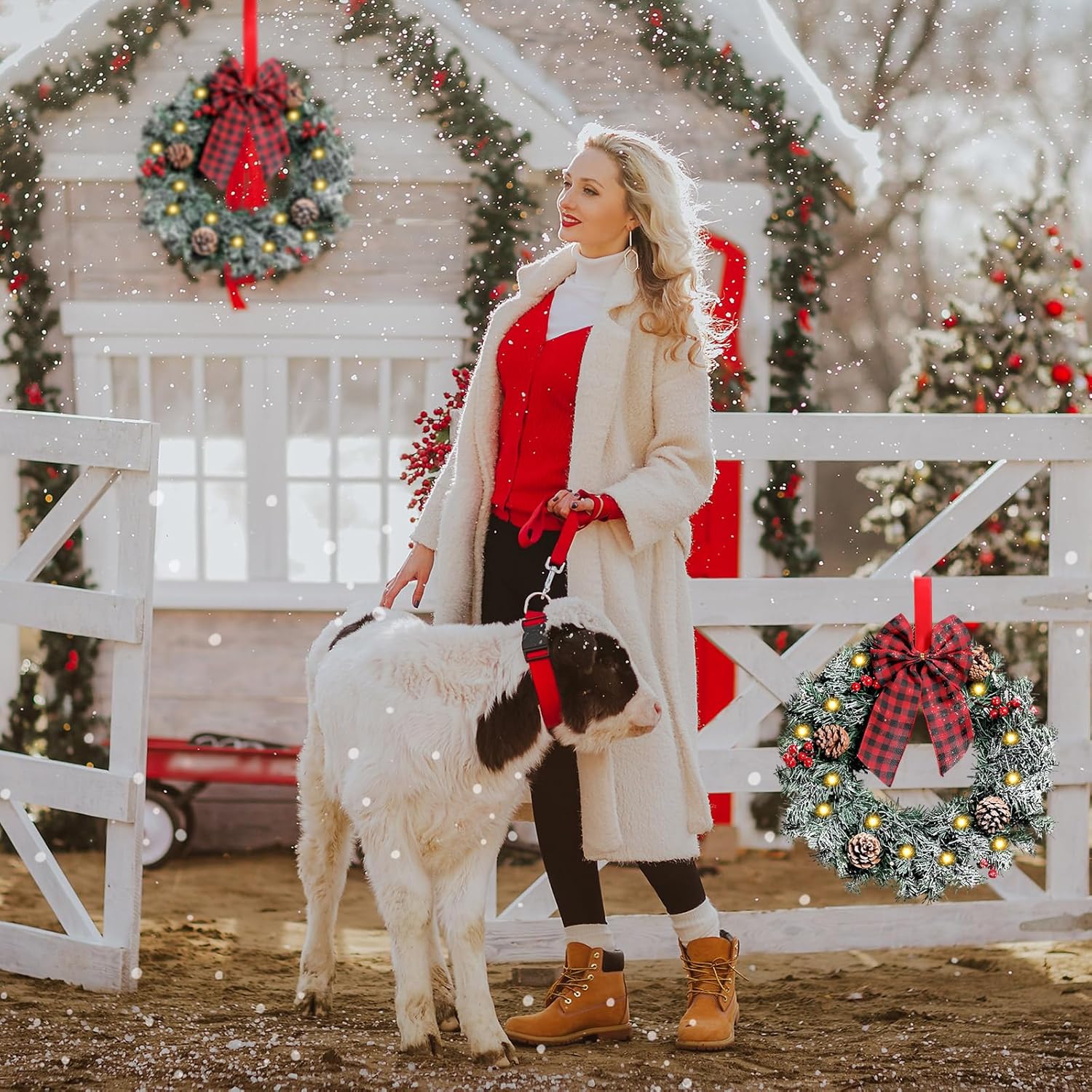 Geosar 3 Pcs Lighted Christmas Wreath, 13.8 Inch LED Christmas Wreaths with Buffalo Check Bow Pine Cone Berry, Small Lighted Xmas Window Wreaths for Front Door Wall Party Decor (Frosted)