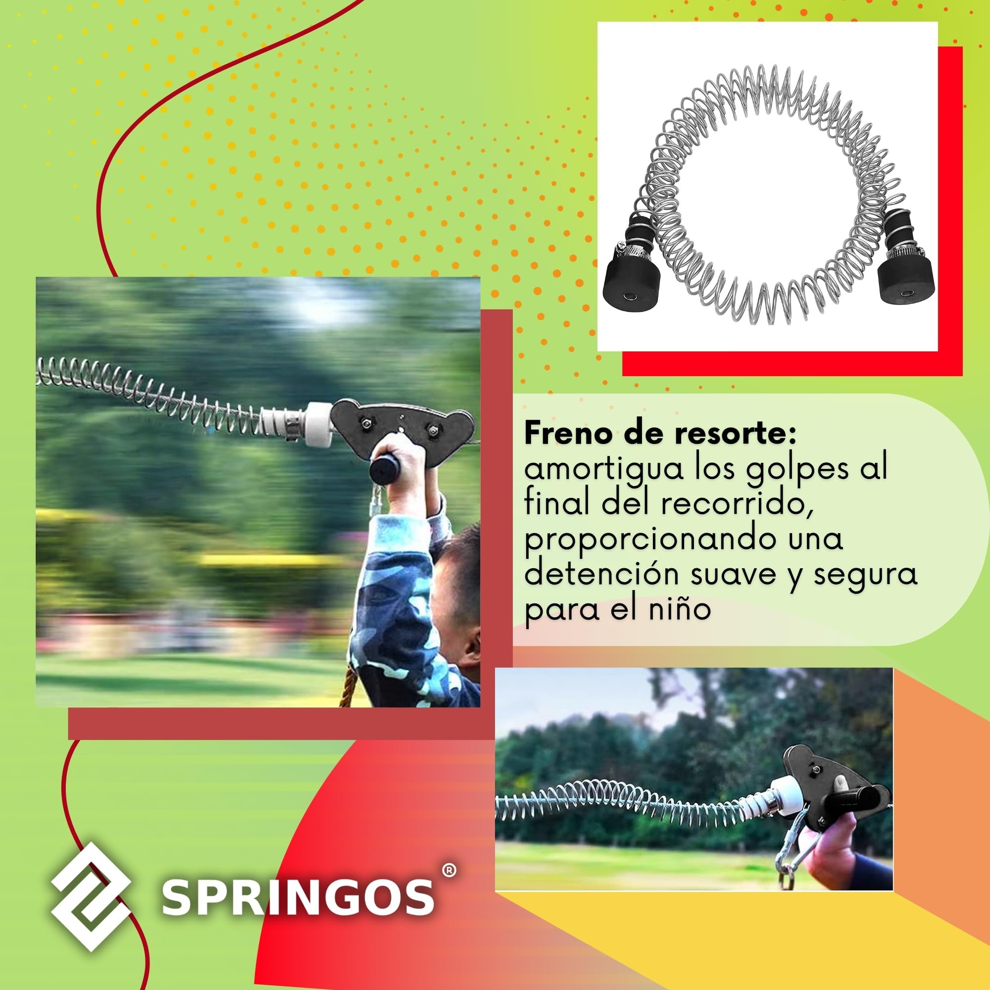 SPRINGOS Tirolín de 30m para niños - Set de teleférico Zipleine con carro deslizante, asiento, freno de seguridad y protección para árboles - hasta 120 kg - Equipo de escalada para exterior
