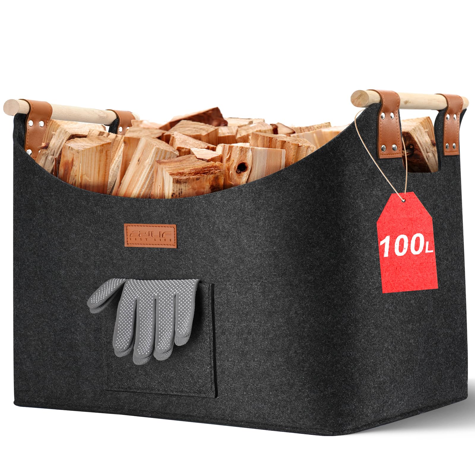 Kosz na drewno kominkowe XXL z podwójną wzmocnioną skórą, 100 l, z przodu, składany, 60 x 40 x 40 cm