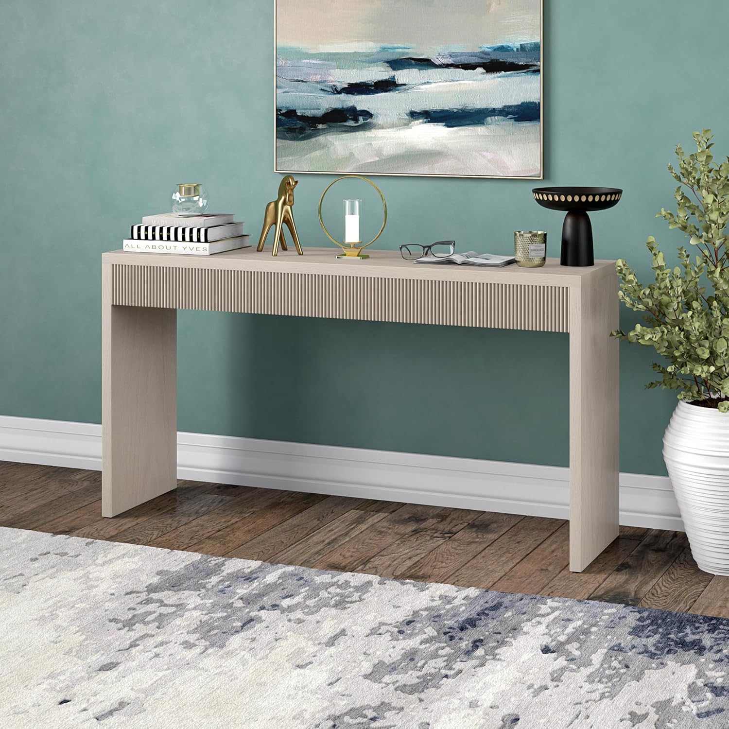 Henn&Hart 55" Rectangular Fluted Console Table, Ribbed Entryway Table, Sofa Table for Entryway, Living Room, Couch, Hallway, or Office, Beech White