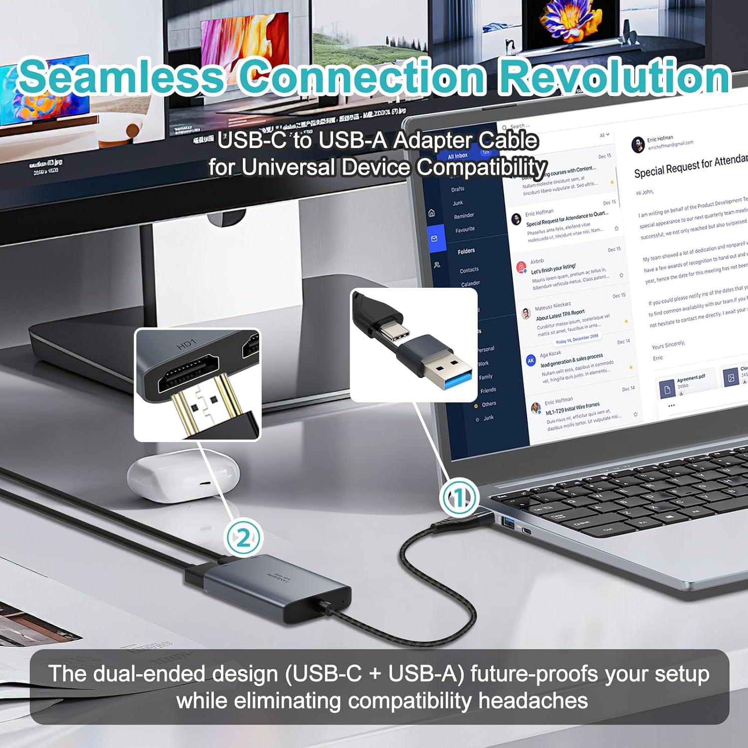 USB C to Dual HDMI Adapter, 1080P 60Hz Multi-Monitor Splitter for MacBook/PC/Laptop - USB-A/USB-C to 2 HDMI Ports, Aluminum Docking Station, Audio Sync, Windows/macOS Software Control MST