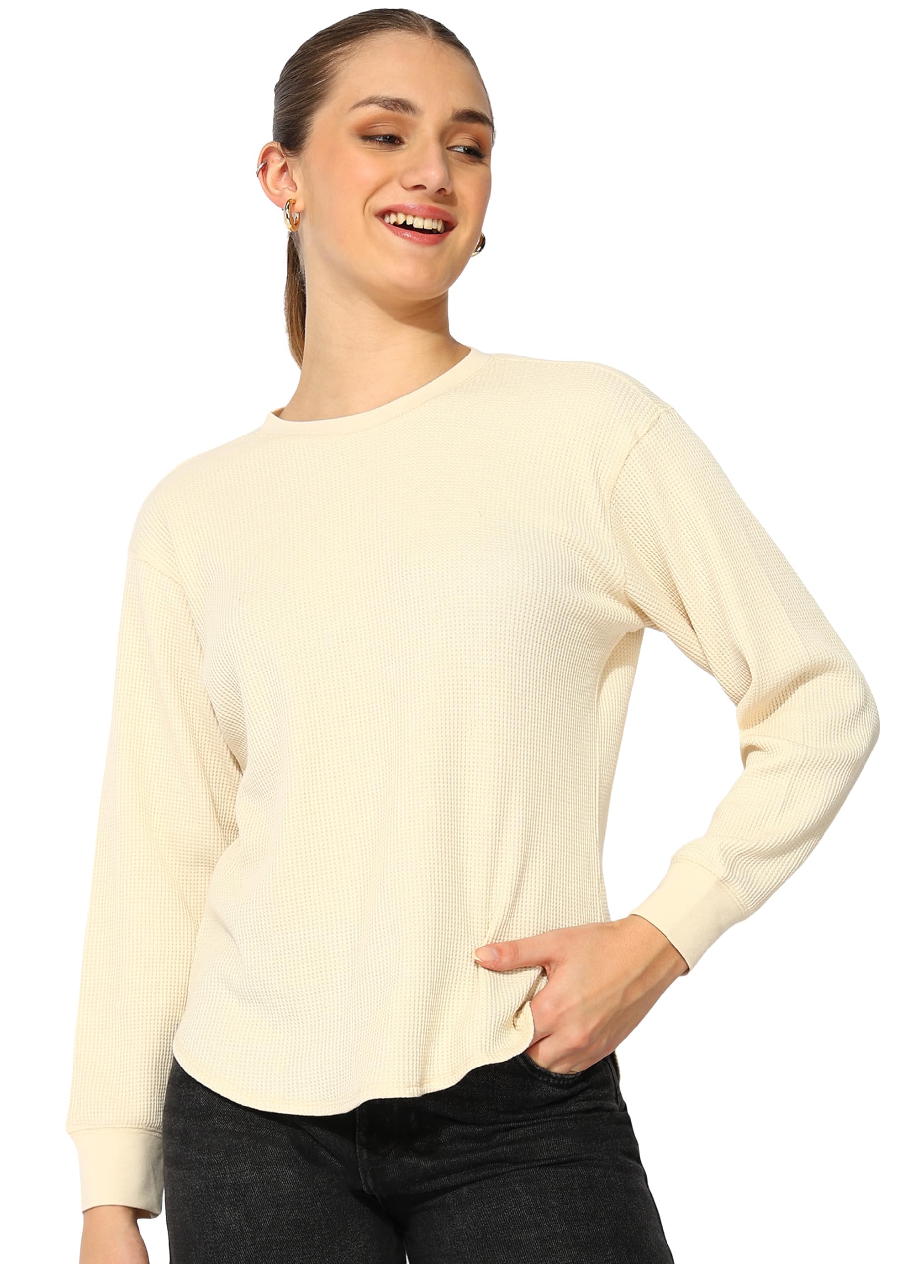 Alan Jones Clothing Women's 100%Cotton Relaxed Fit Waffle Crew Neck Long Sleeve T-Shirt