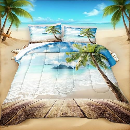 Bedbay - Juego de ropa de cama con árbol de palma tropical, juego de edredón de playa, tamaño Queen, edredón soleado y playero, juego de ropa de