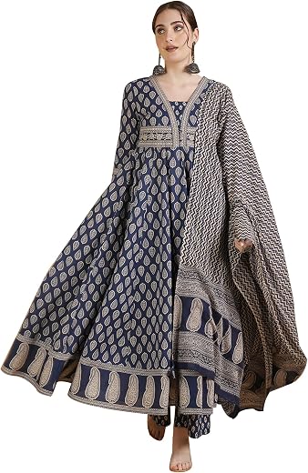 GULMOHAR JAIPUR Women's Cotton Calf Length Printed Flared Kurta Suit Set