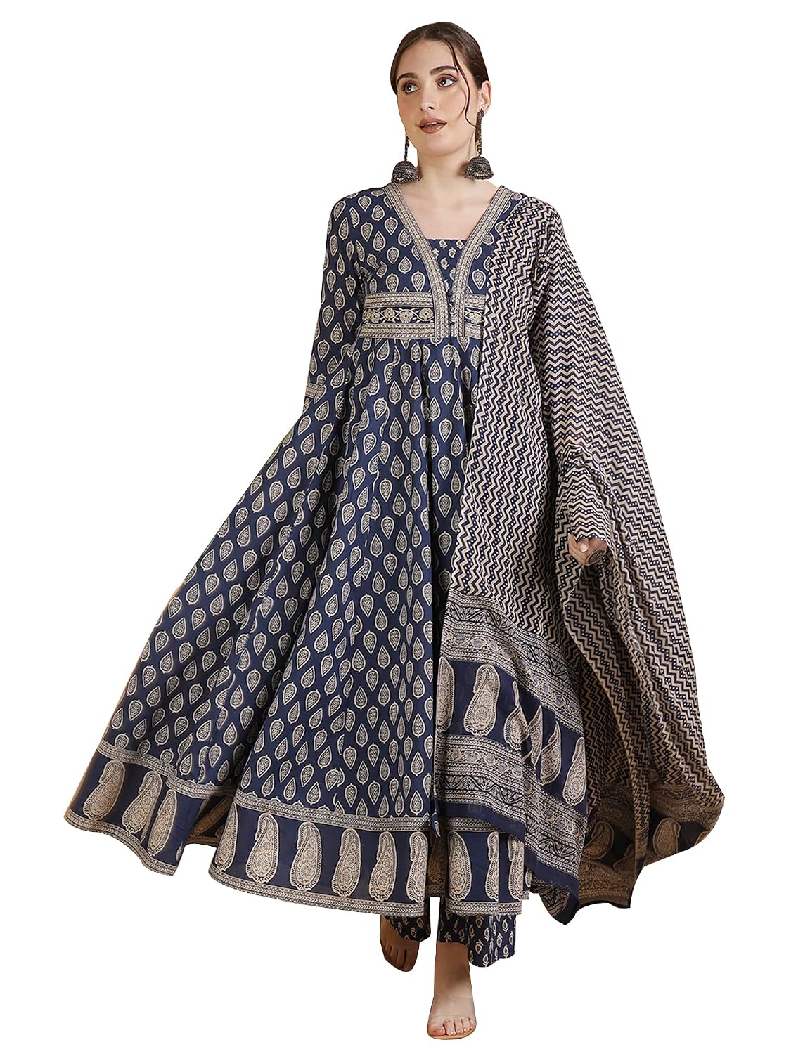 GULMOHAR JAIPUR Women's Cotton Calf Length Printed Flared Kurta Suit Set - Review, Price and Buying Guide
