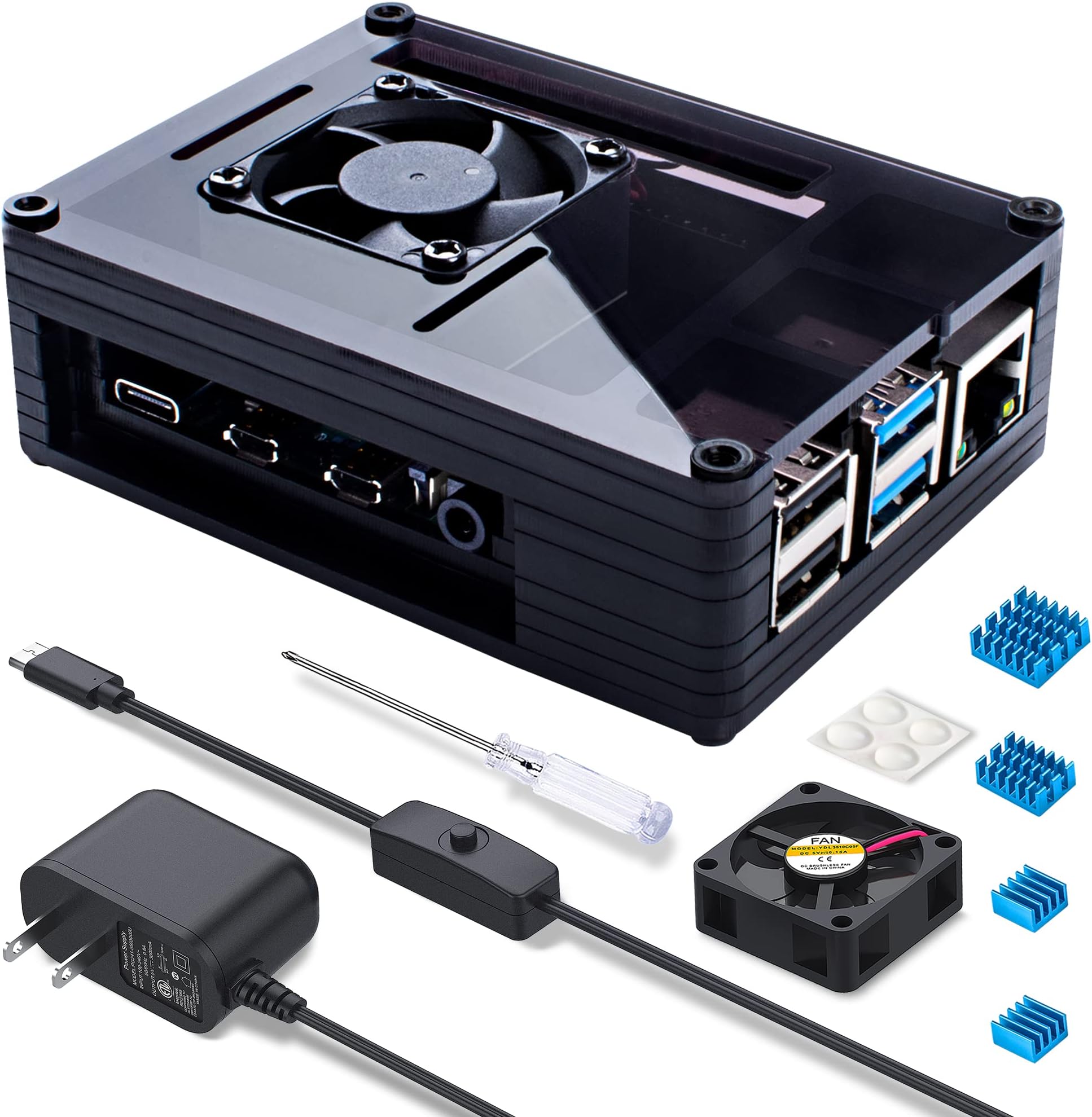 Miuzei Pi 4 B+ Case with Fan Cooling Pi 4B Case with 5V 3A USB-C Power Supply 4Pcs Heat-Sinks