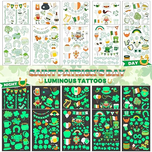 Miniatura 4 de Adhesivo de tatuajes temporales del día de San Patricio 20 hojas luminosas de tatuaje temporal de trébol que brillan en la oscuridad calcomanías