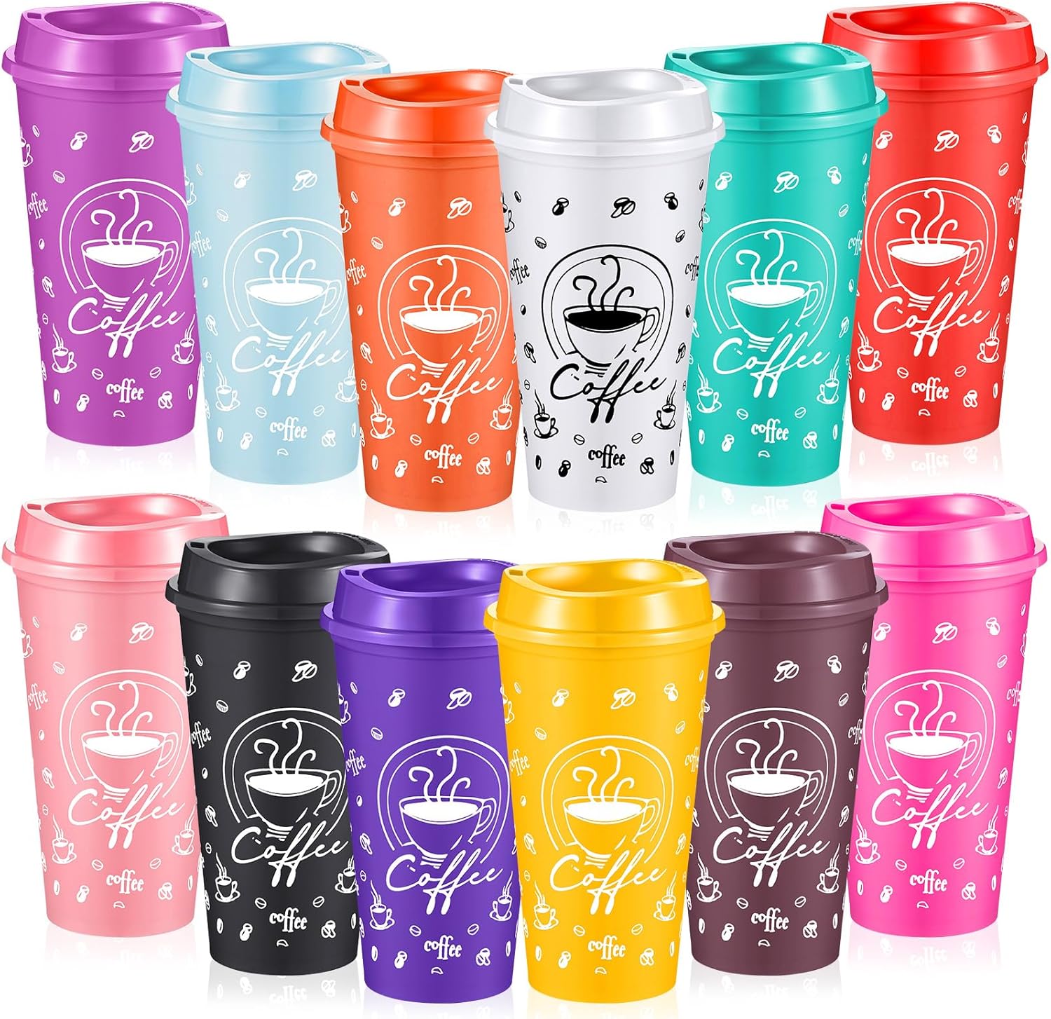 12 Sets Reusable Coffee Cups with Lids 16 oz Reusable Hot Cups Bulk Plastic Tumblers with Lids Travel Coffee Mug for Hot or Cold Drinks, Water (Brown,Classic)