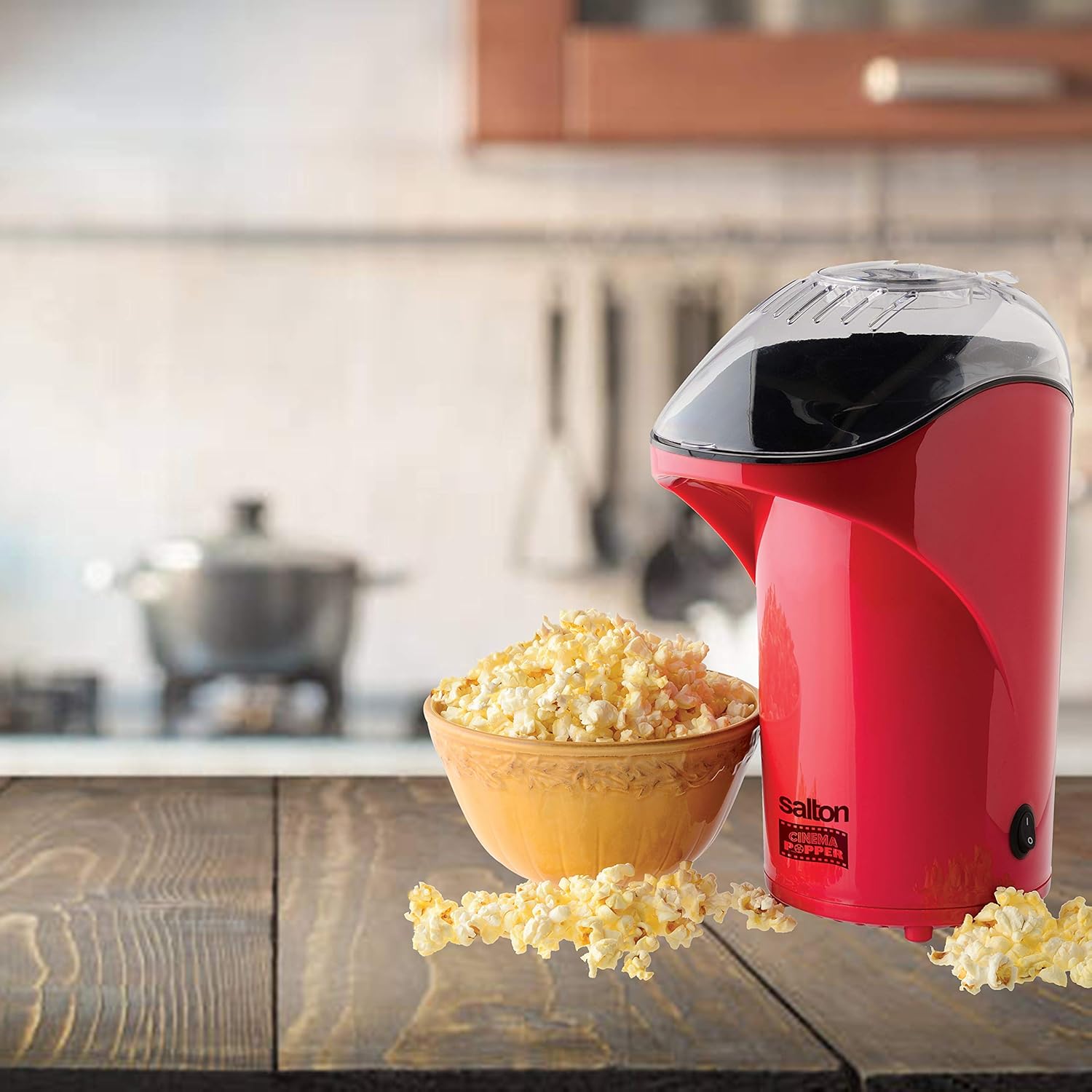 Salton Cinema Hot Air Popper Popcorn Maker Oilfree Low Calorie Popcorn with Bonus Cup to Measure Kernels and Melt Butter, Convenient Countertop Design, Durable & Easy to Use, Red (CP1428R)