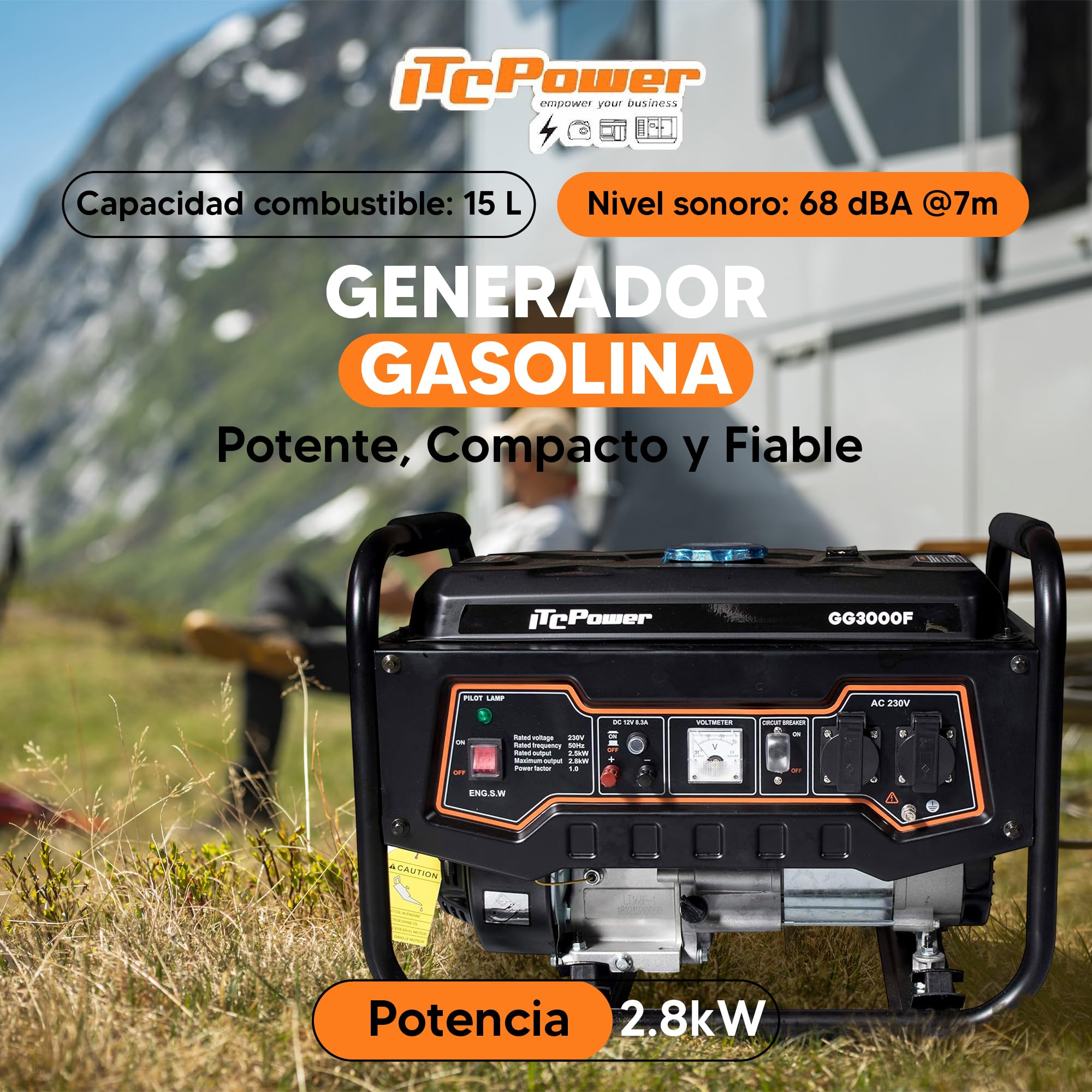 ITCPower Generador Gasolina Silencioso 2,8KW para Emergencias Domésticas - Generador Eléctrico Portátil 230V para Herramientas y Camping - Generador 4 Tiempos con Gran Autonomía y Bajo Ruido