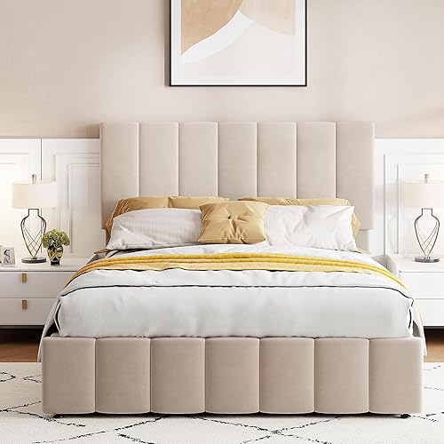 Miniatura 125 de Base de cama LED tapizada tamaño Queen, plataforma flotante de terciopelo con cabecero, MDF moderna y cama de madera contrachapada (beige-081)