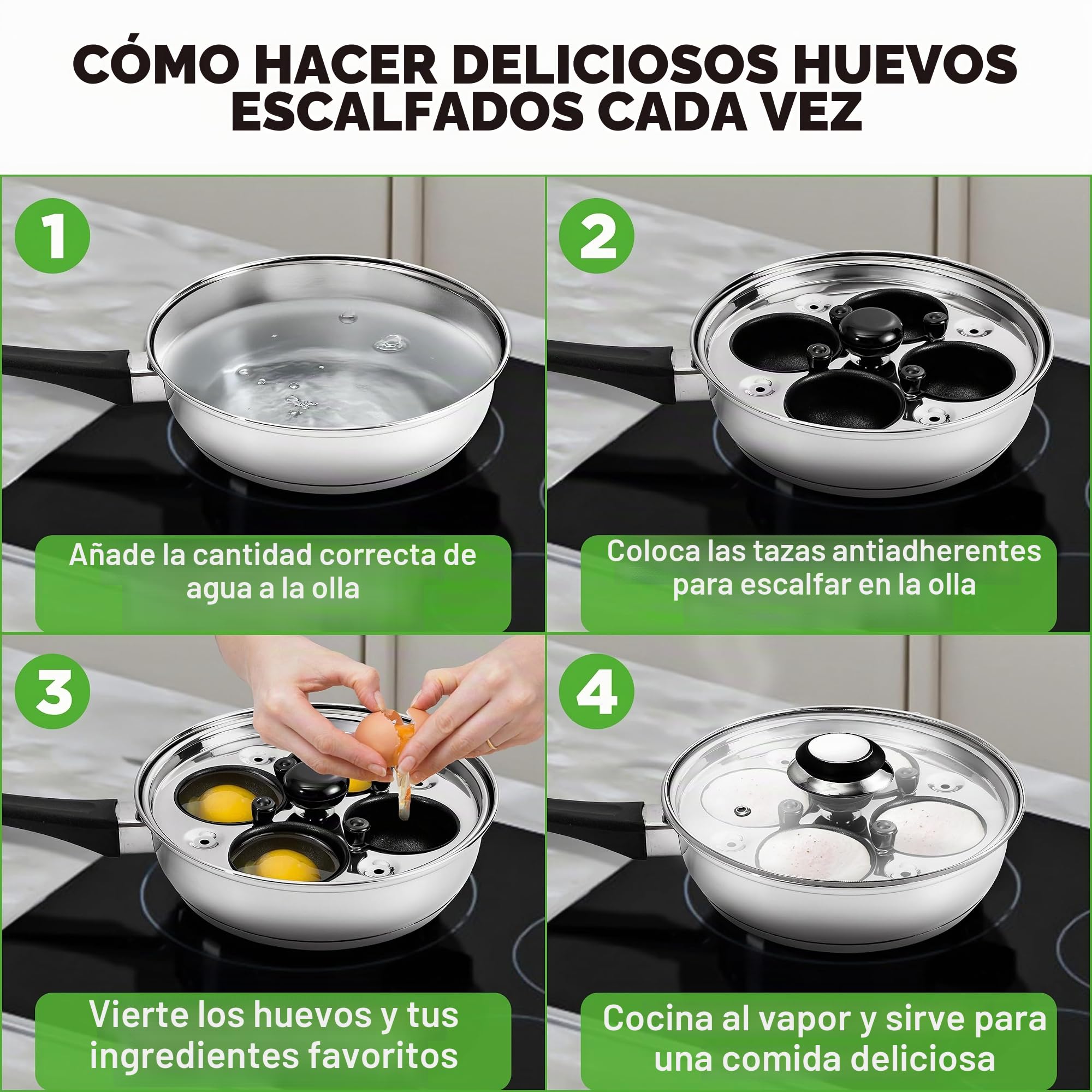 Nutrichef escalfador de huevos, Sarten para pochar, Acero inoxidable, 4 tazas antiadherentes, Tapa de vidrio, Temporizador, Guante de horno y espatula, Compatible con induccion, Egg poacher